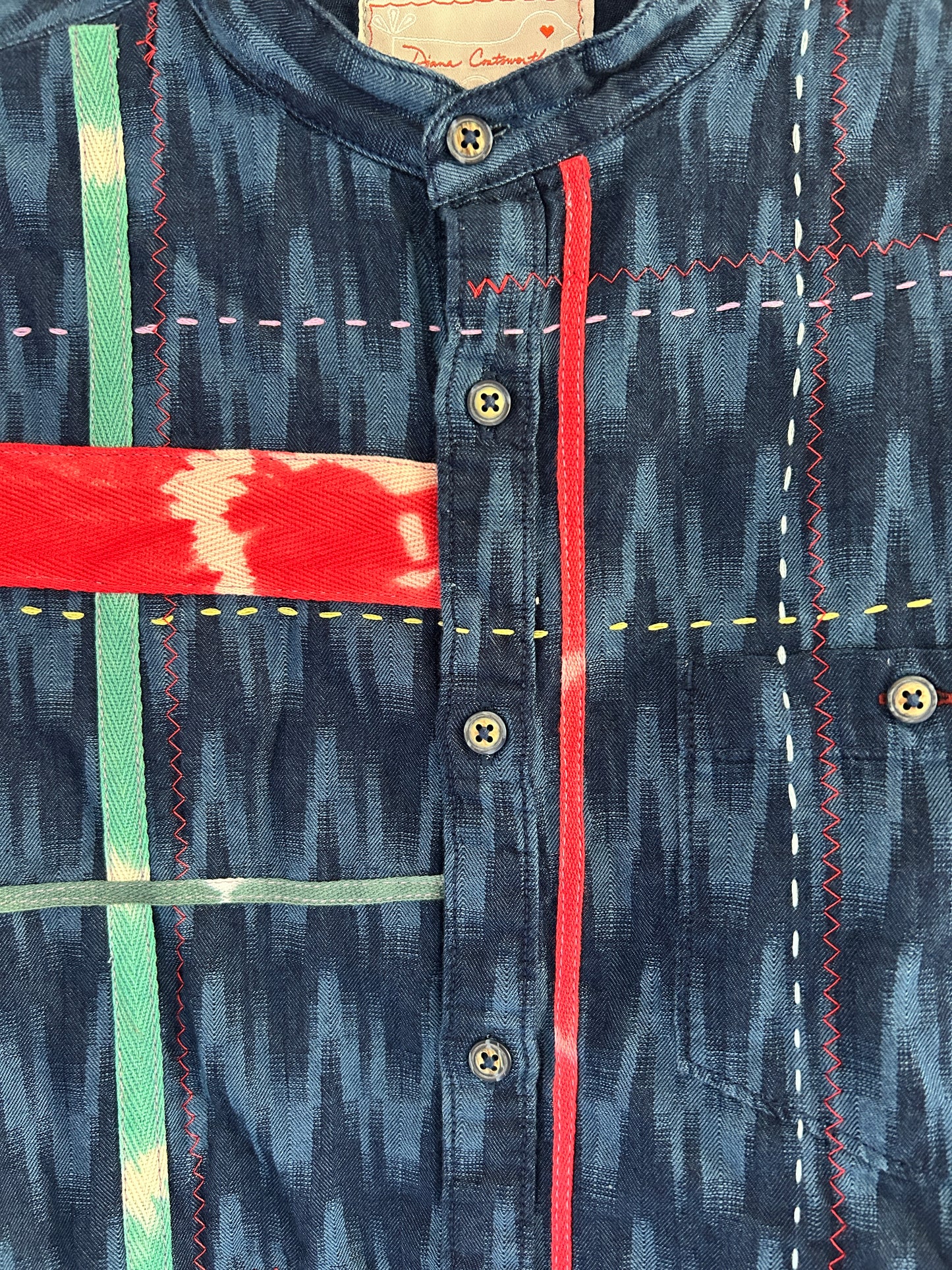 Ellis Reclaimed Patchwork Denim Ikat Shirt with Handstitching & Hand Dyed Twill Ribbon L/XL #ELL7