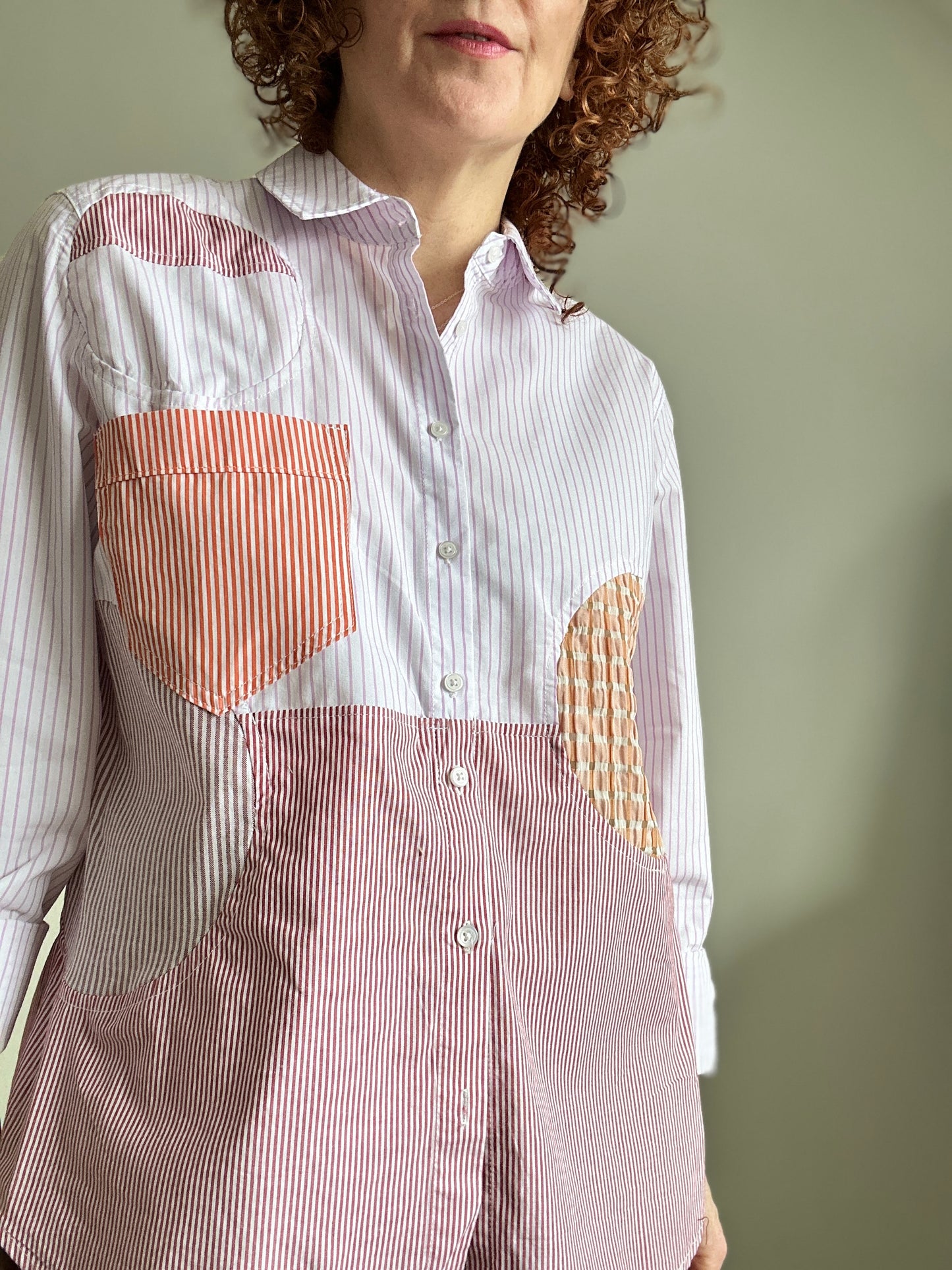 Upcycled Modern Workwear Pinstripe Shirt - Circle Series Size L/XL #PIN13