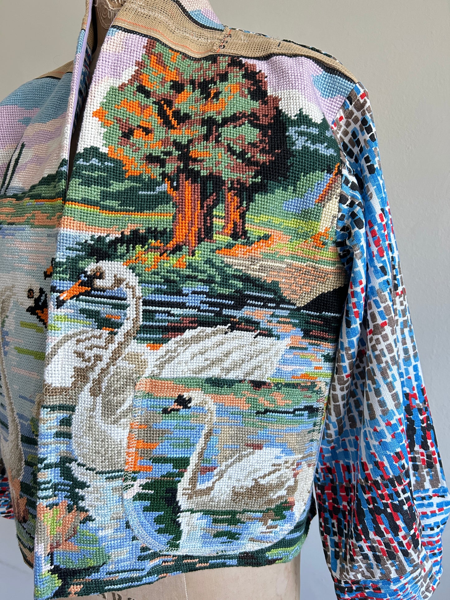 Vivianne Cropped Jacket with Vintage Needlepoint Swans Size M/L #VIVT21