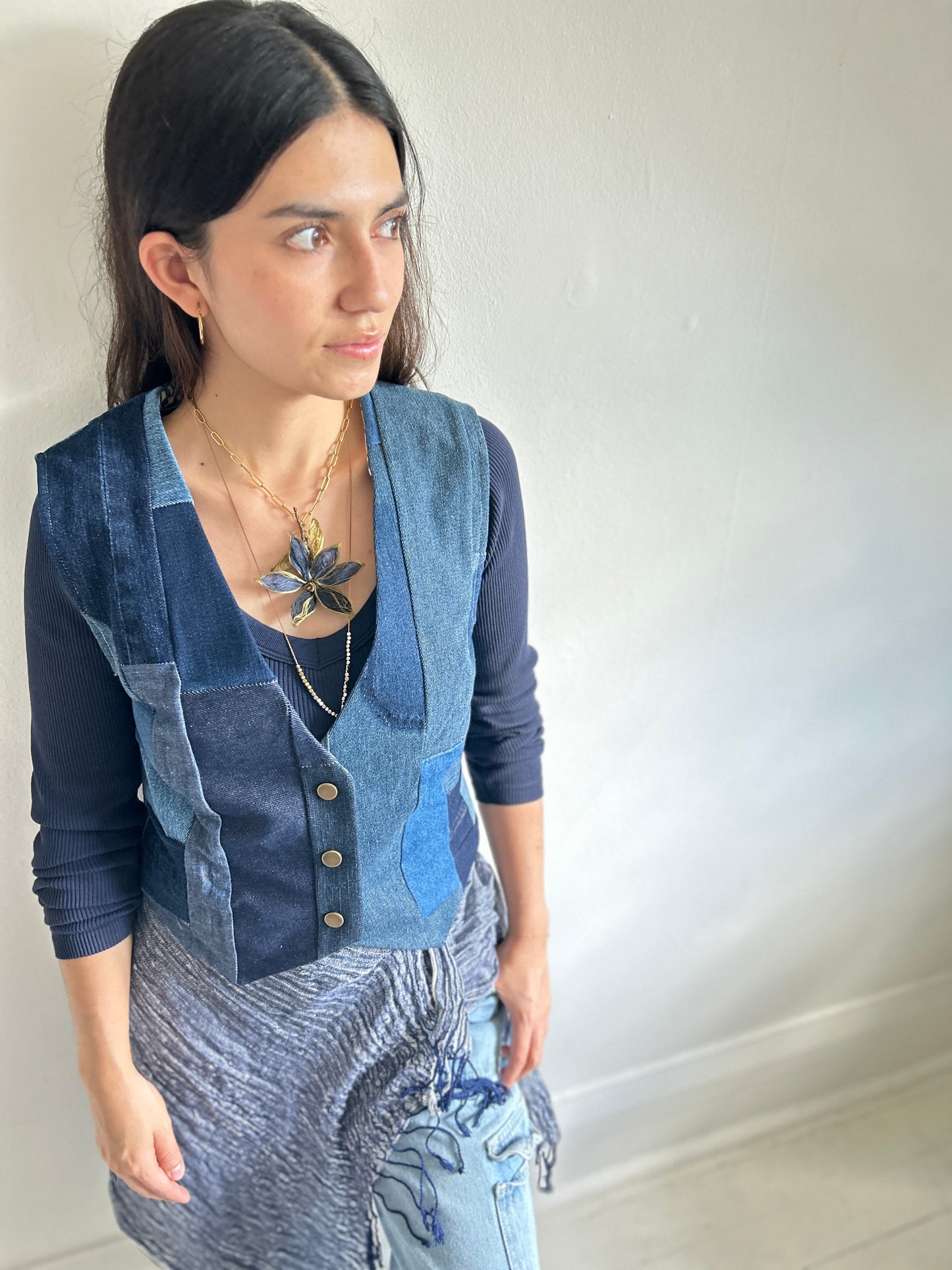 Leni Reclaimed Patchwork Denim Vest with Cotton Lining XS #LENI1