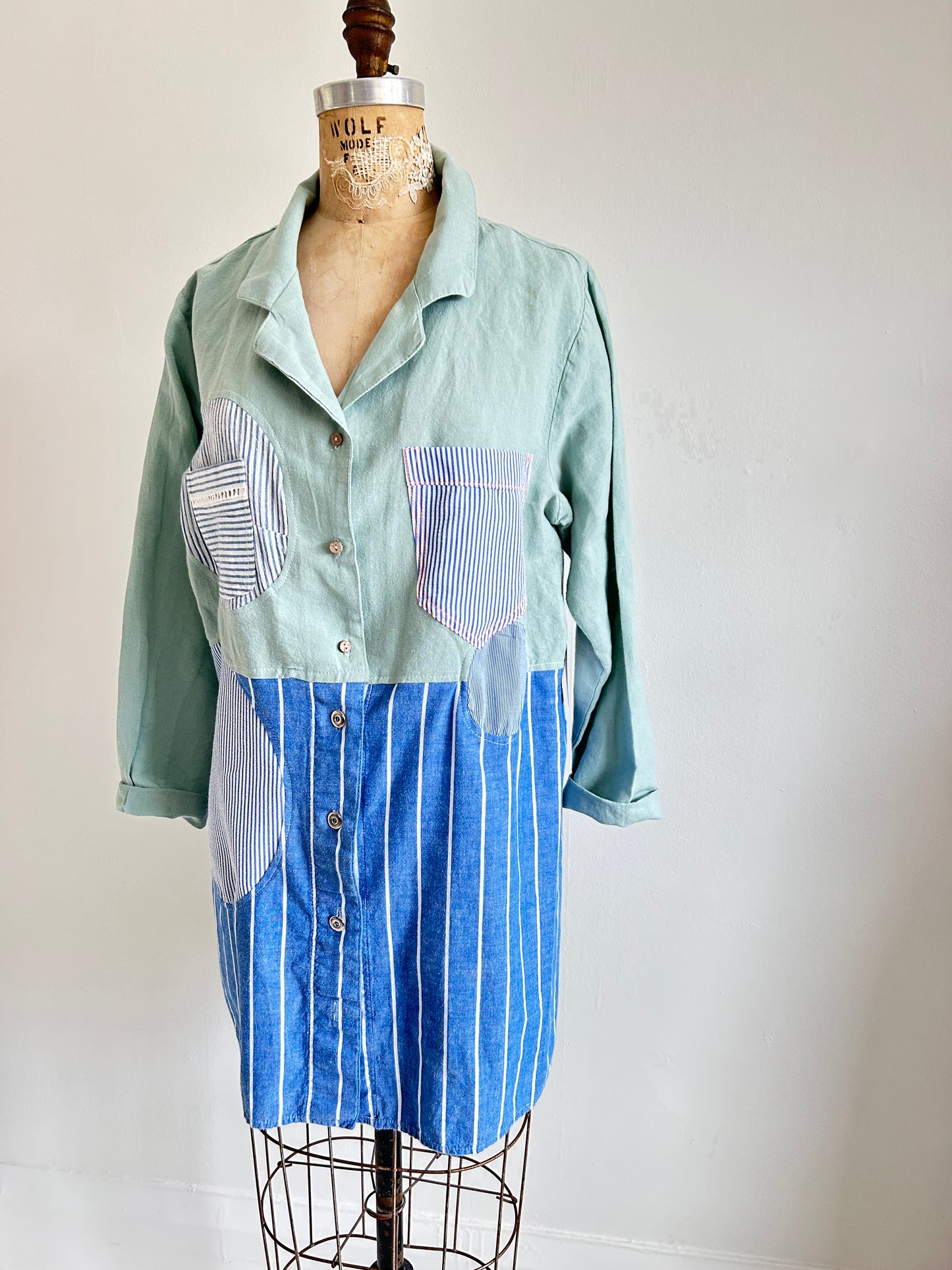 Upcycled Modern Workwear Pinstripe Shirt - Circle Series Size L/XL #PIN2