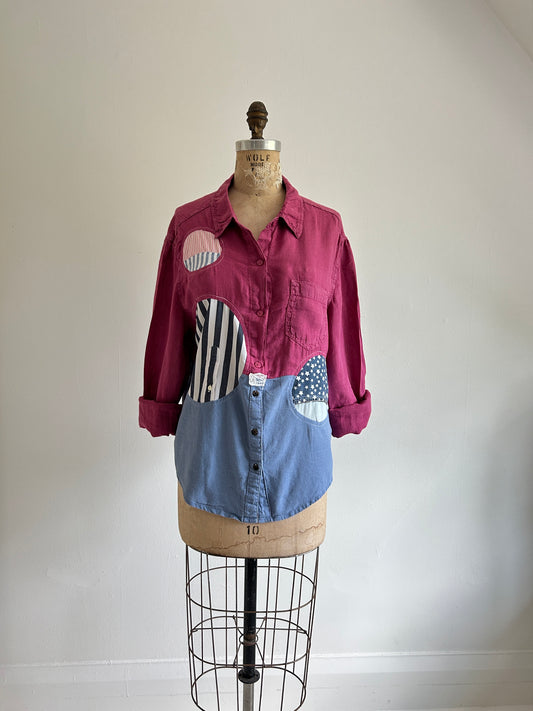 Upcycled Modern Workwear Linen & Cotton Shirt - Circle Series Size M/L #PIN19