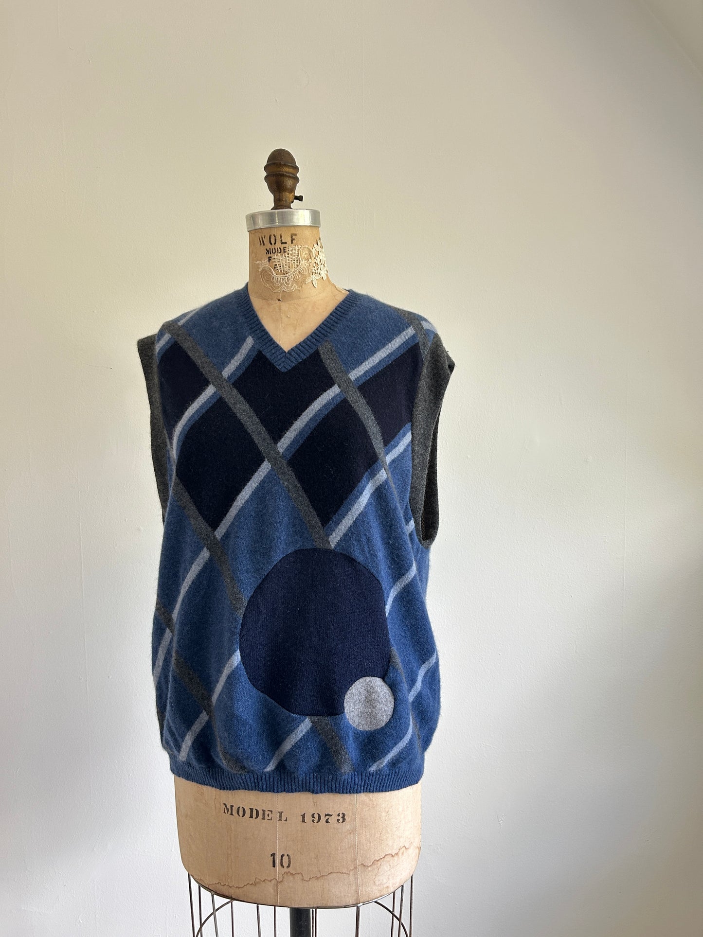Abstract Art Patched Upcycled Cashmere Vest Size L/XL #ARTV15