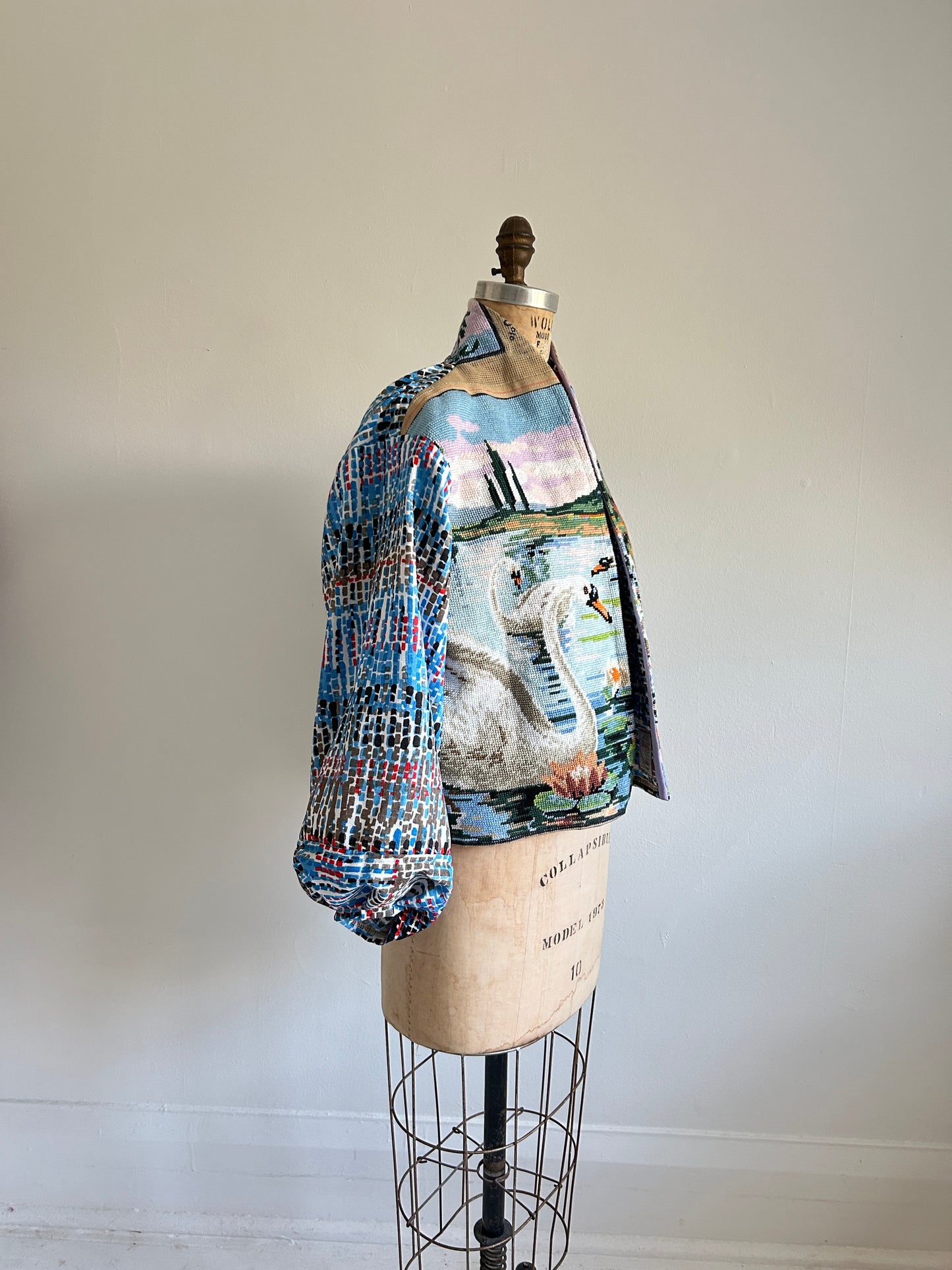 Vivianne Cropped Jacket with Vintage Needlepoint Swans Size M/L #VIVT21