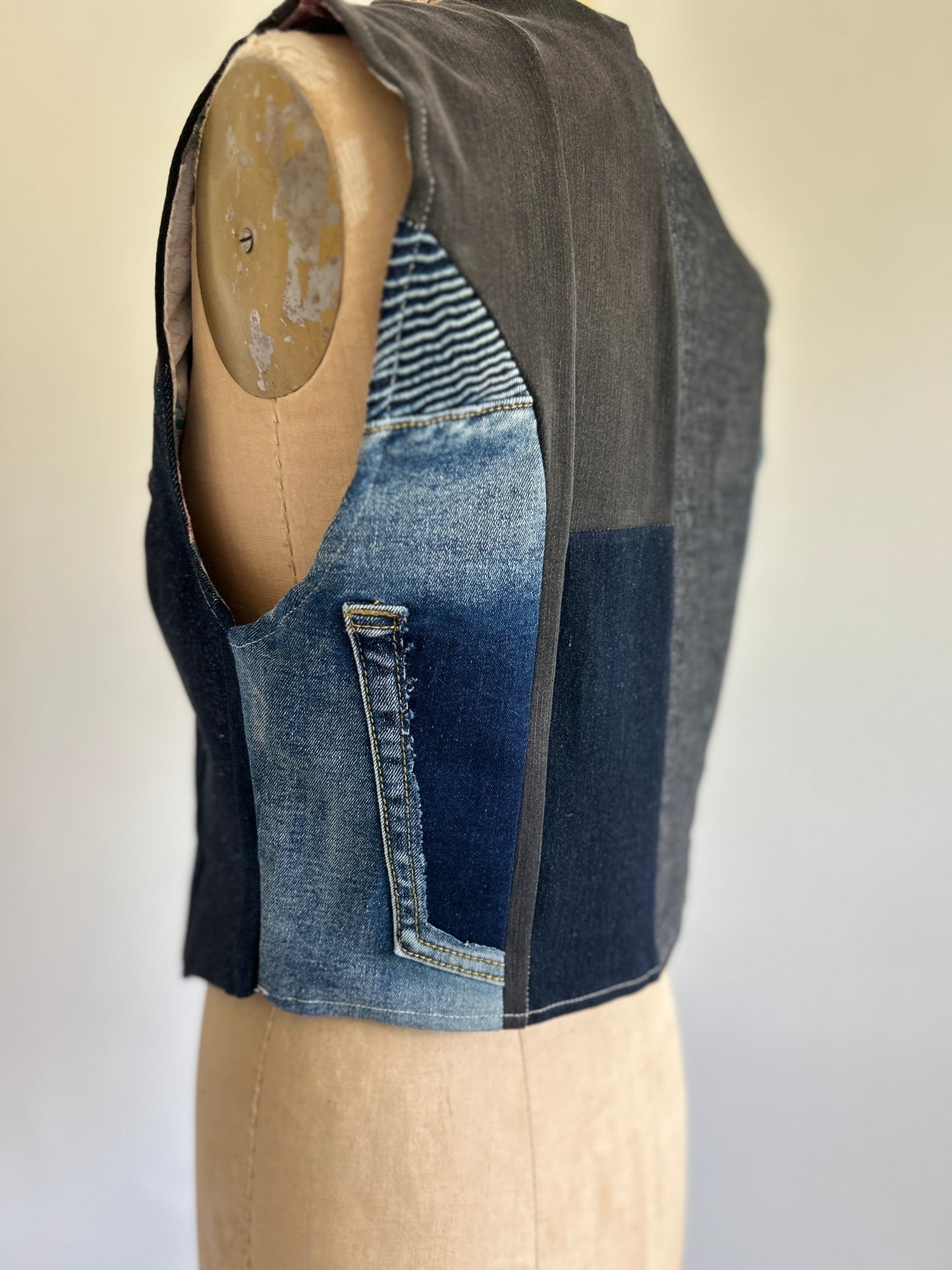 Leni Reclaimed Patchwork Denim Vest with Cotton Lining S/M #LENI5