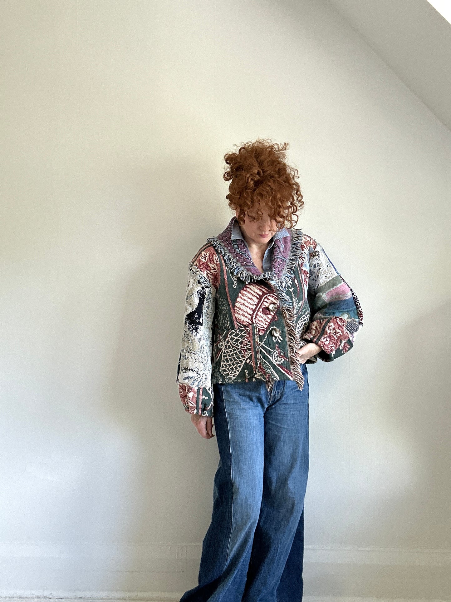 Vivianne Cropped Jacket with Upcycled Fishing Themed Throw Blanket Size M/L #VIVT10