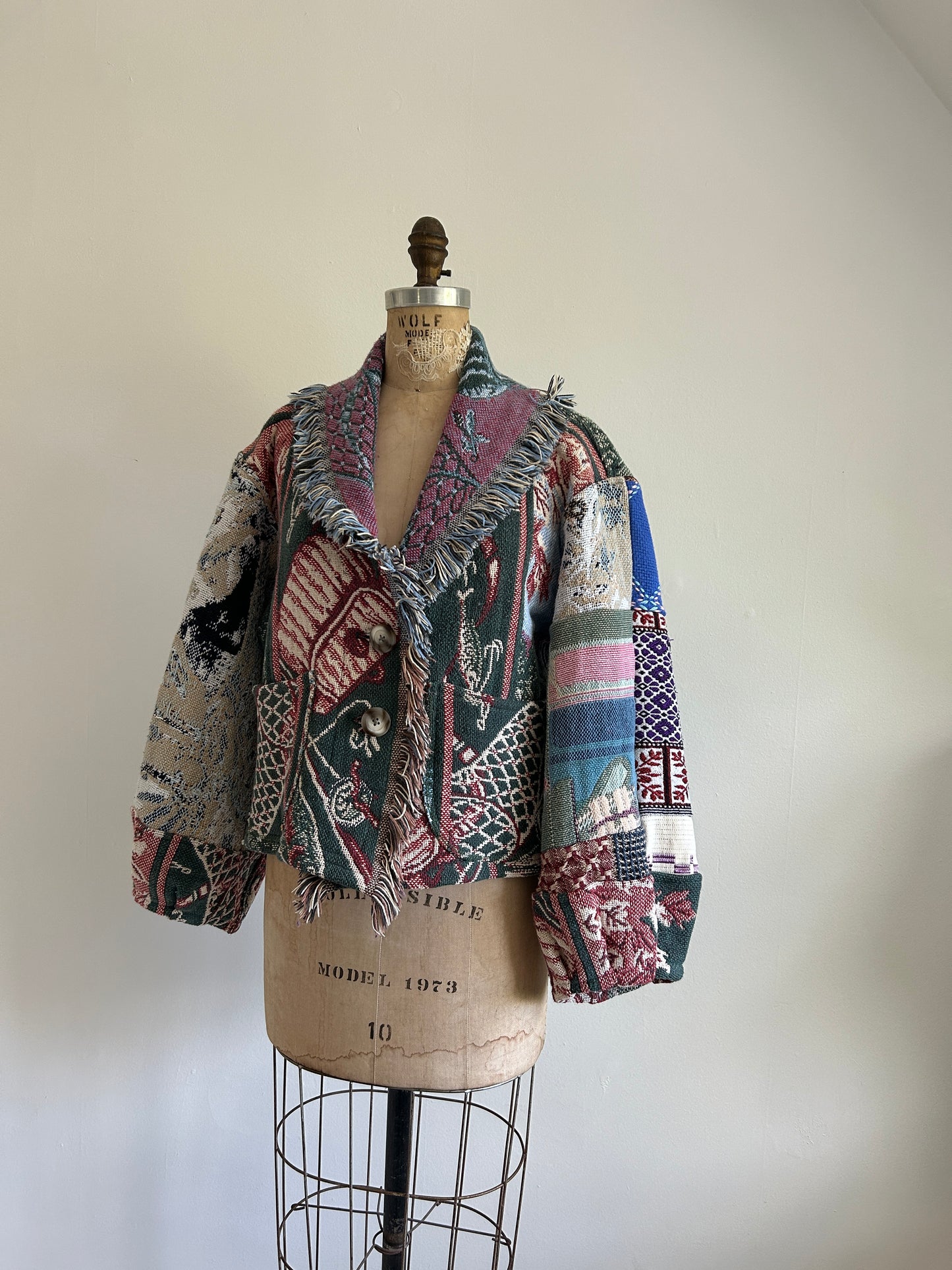 Vivianne Cropped Jacket with Upcycled Fishing Themed Throw Blanket Size M/L #VIVT10