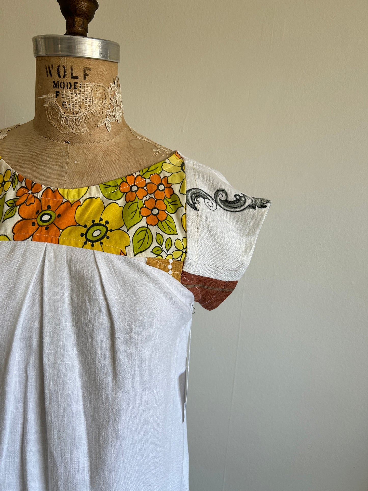 Peony Top - One of a Kind Upcycled & Vintage Embroidered Cotton & Linen Size XS #PEO30
