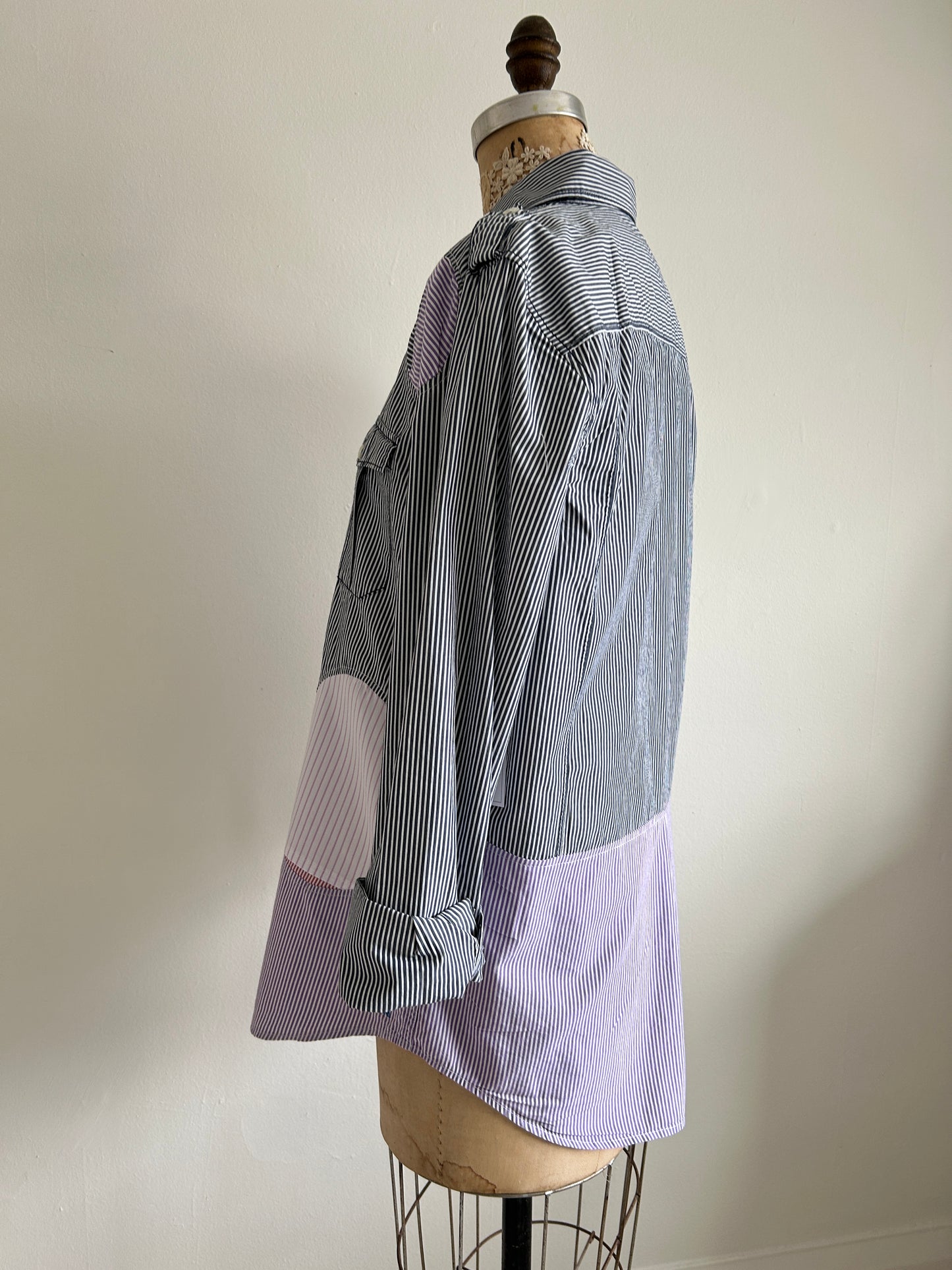 Upcycled Modern Workwear Pinstripe Shirt - Circle Series Size S/M #PIN9