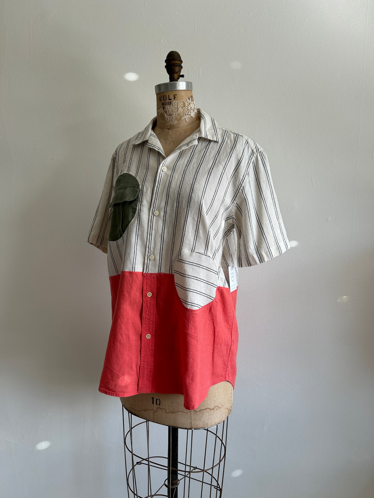 Upcycled Modern Workwear Cotton Pinstripe Shirt - Circle Series Size S/M #PIN7