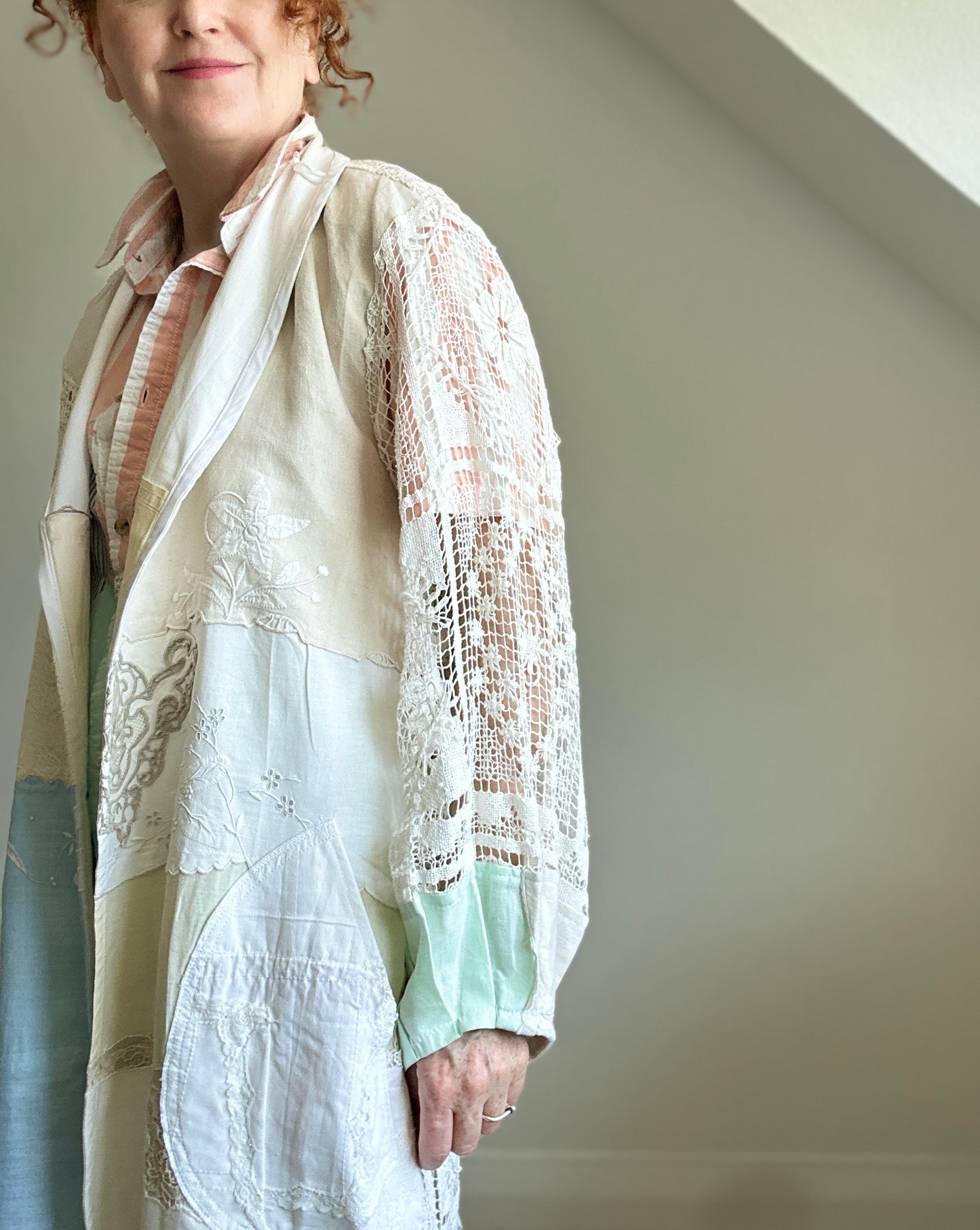Upcycled Vintage Linen & Cotton Napkin & Crochet Patchwork Vivianne Blazer Size XL/2X #VIVC27