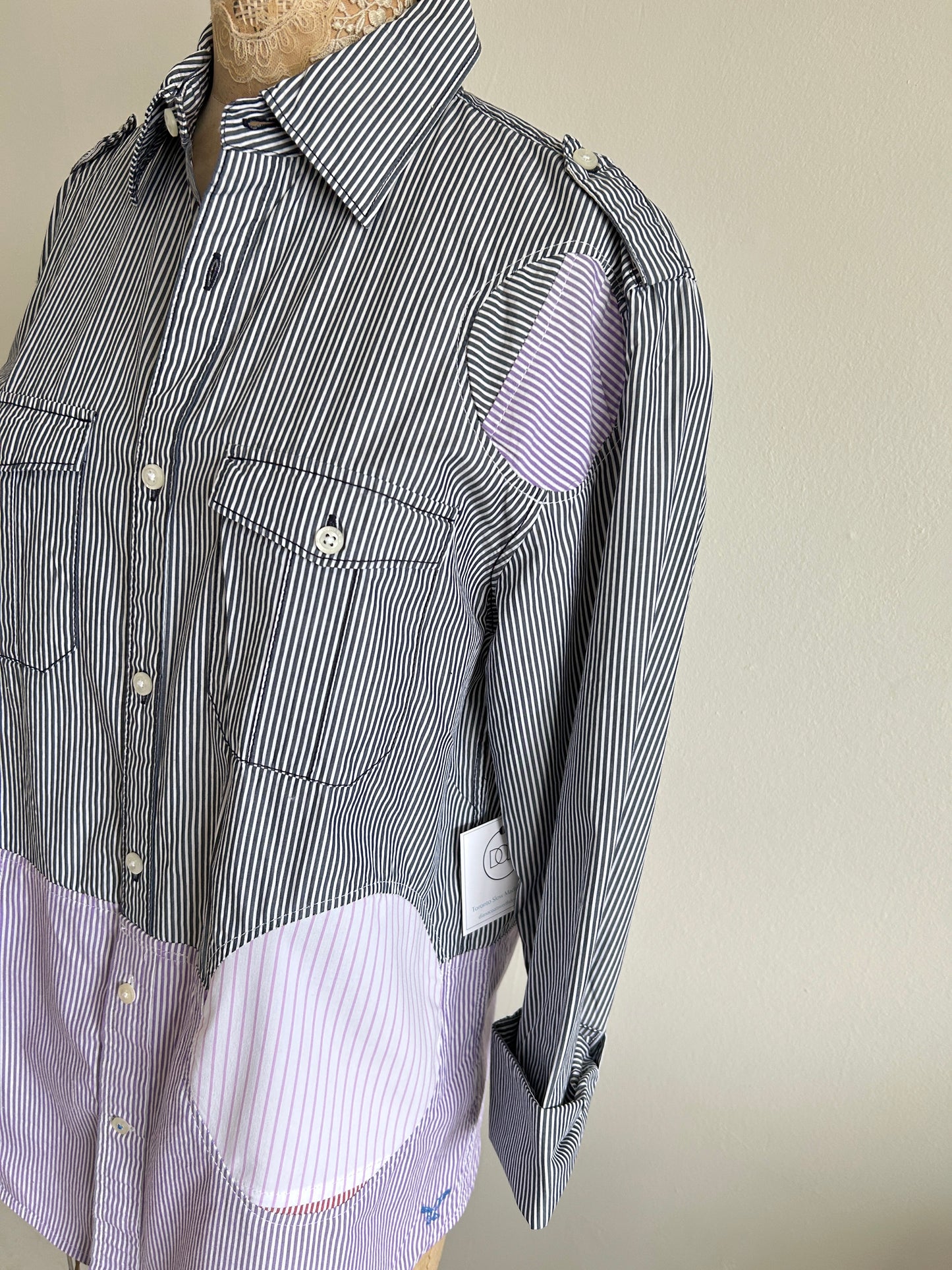 Upcycled Modern Workwear Pinstripe Shirt - Circle Series Size S/M #PIN9