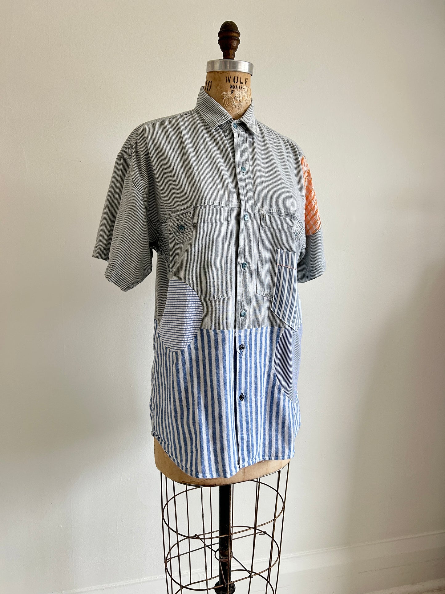 Upcycled Modern Workwear Pinstripe Shirt - Circle Series Size M/L #PIN1
