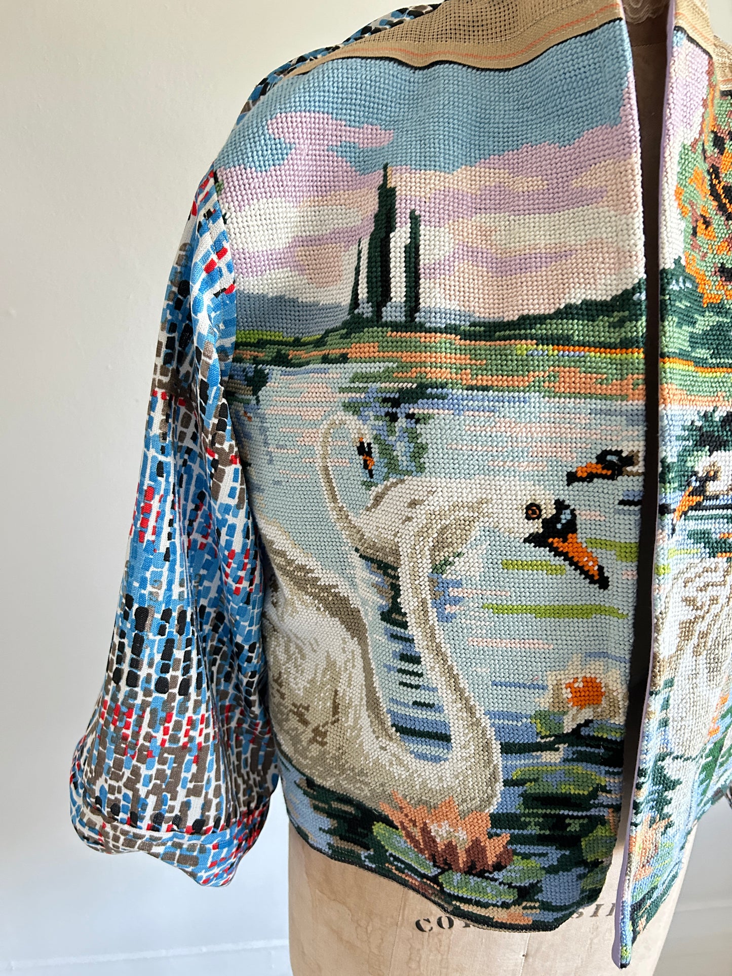 Vivianne Cropped Jacket with Vintage Needlepoint Swans Size M/L #VIVT21
