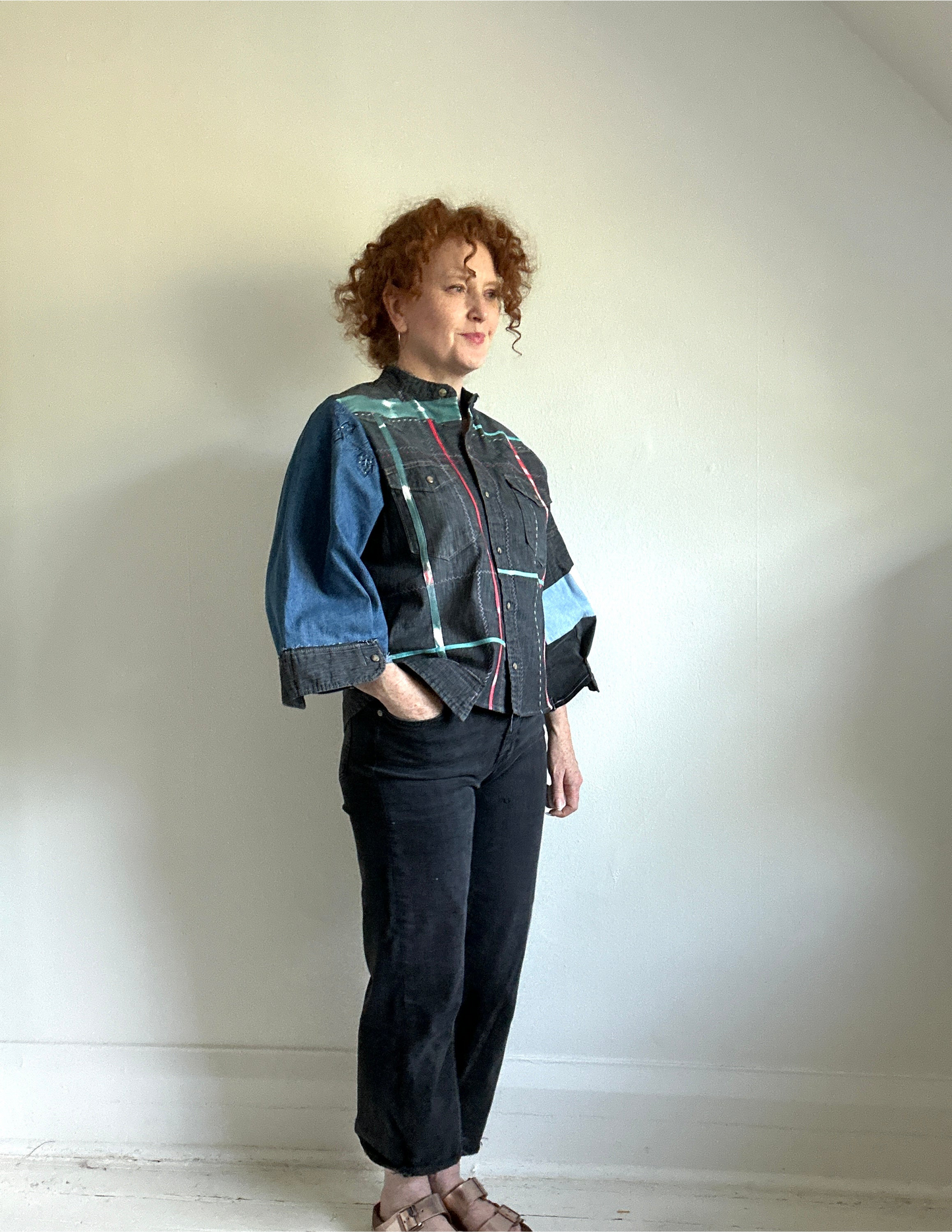 Ellis Reclaimed Patchwork Wrangler Denim Shirt with Handstitching & Hand Dyed Twill Ribbon M/L #ELL9