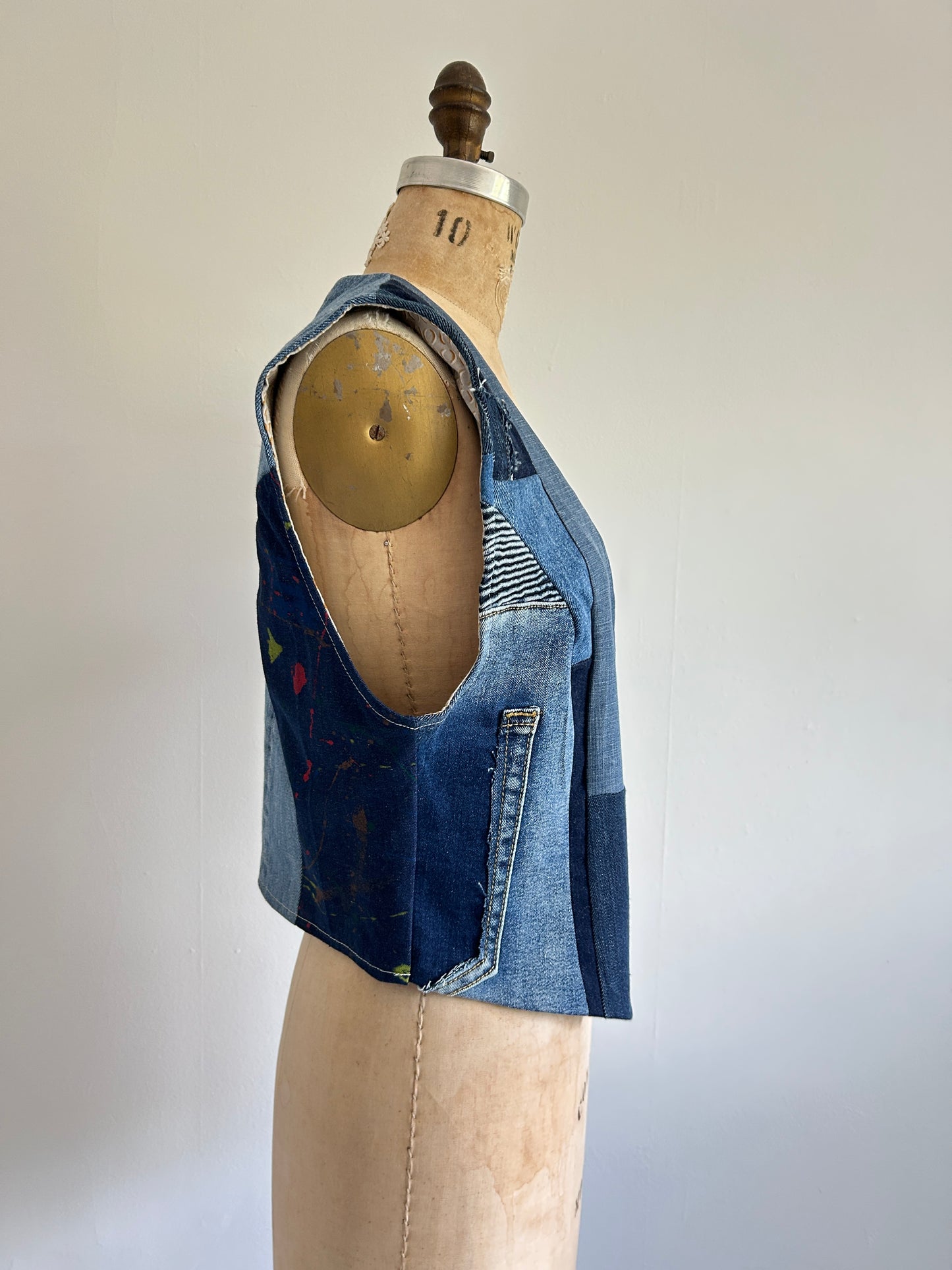 Leni Reclaimed Patchwork Denim Vest with Cotton Lining M/L #LENI6