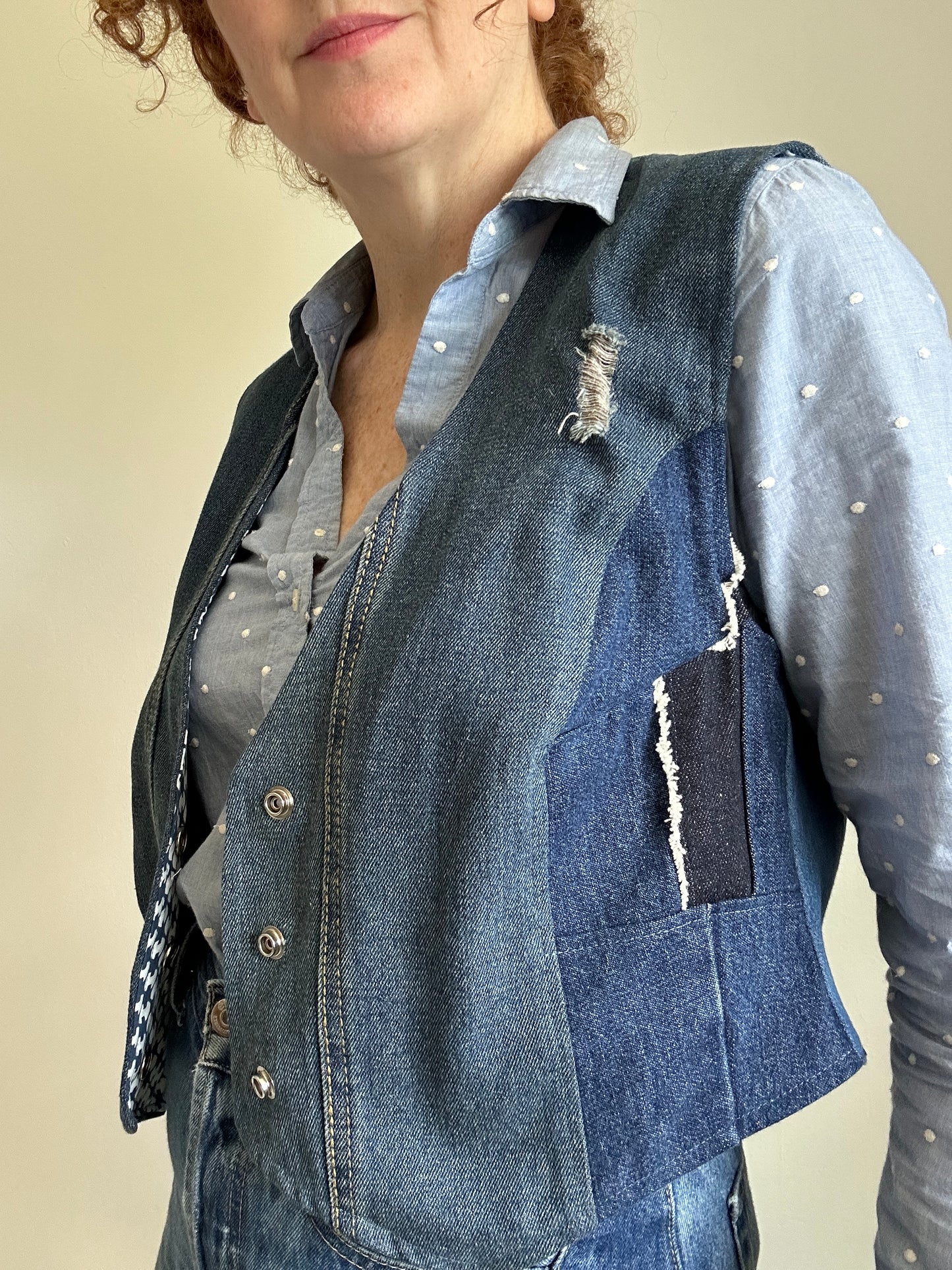 Leni Reclaimed Patchwork Denim Vest with Cotton Lining M/L #LENI7