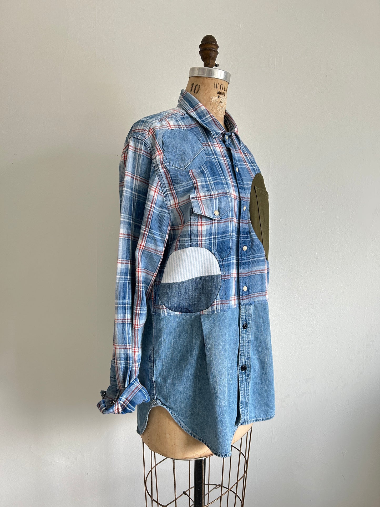 Upcycled Modern Workwear Cotton & Denim Shirt - Circle Series Size M/L #DEN12