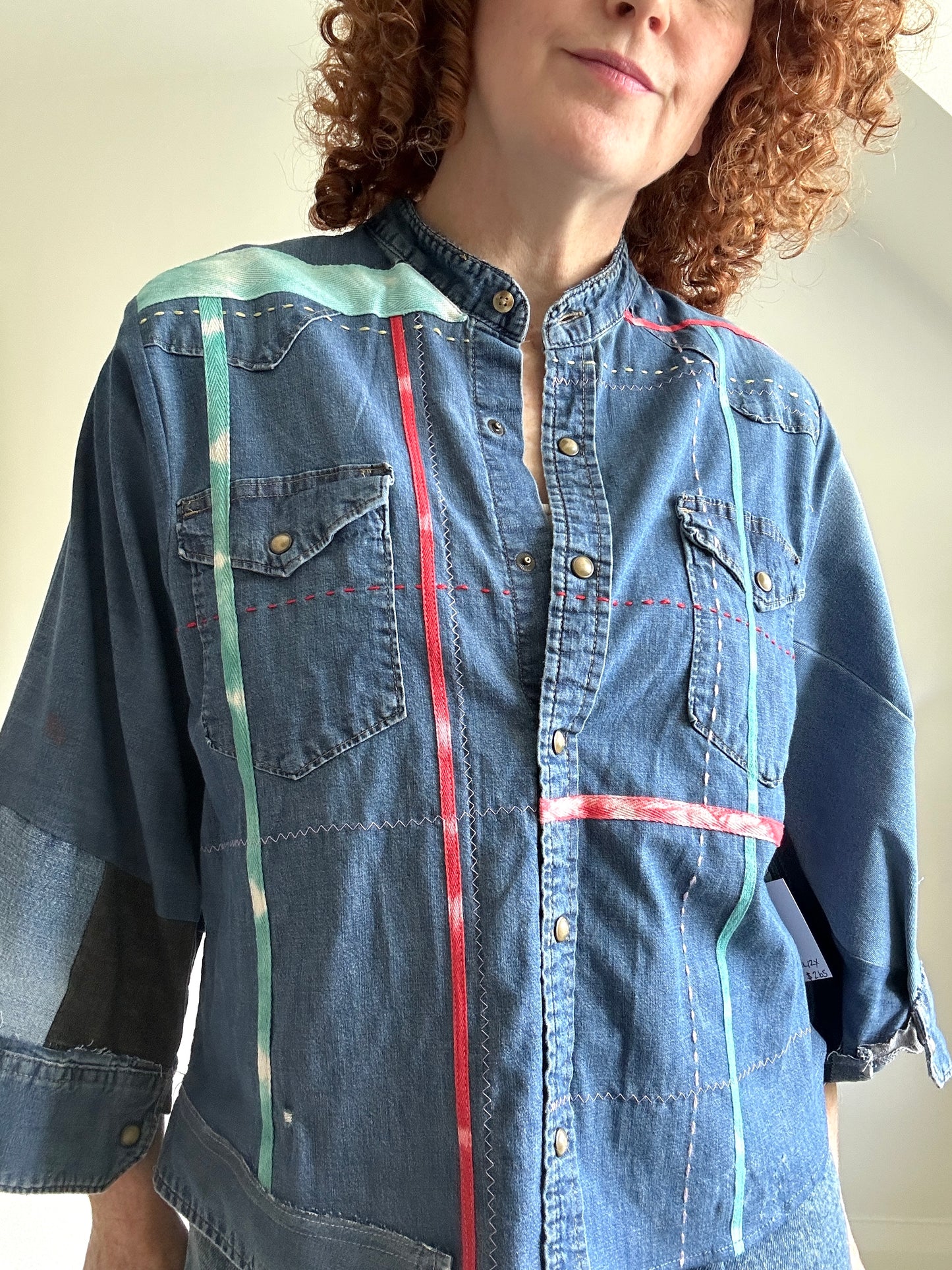 Ellis Reclaimed Patchwork Wrangler Denim Shirt with Handstitching & Hand Dyed Twill Ribbon XL/2X #ELL1