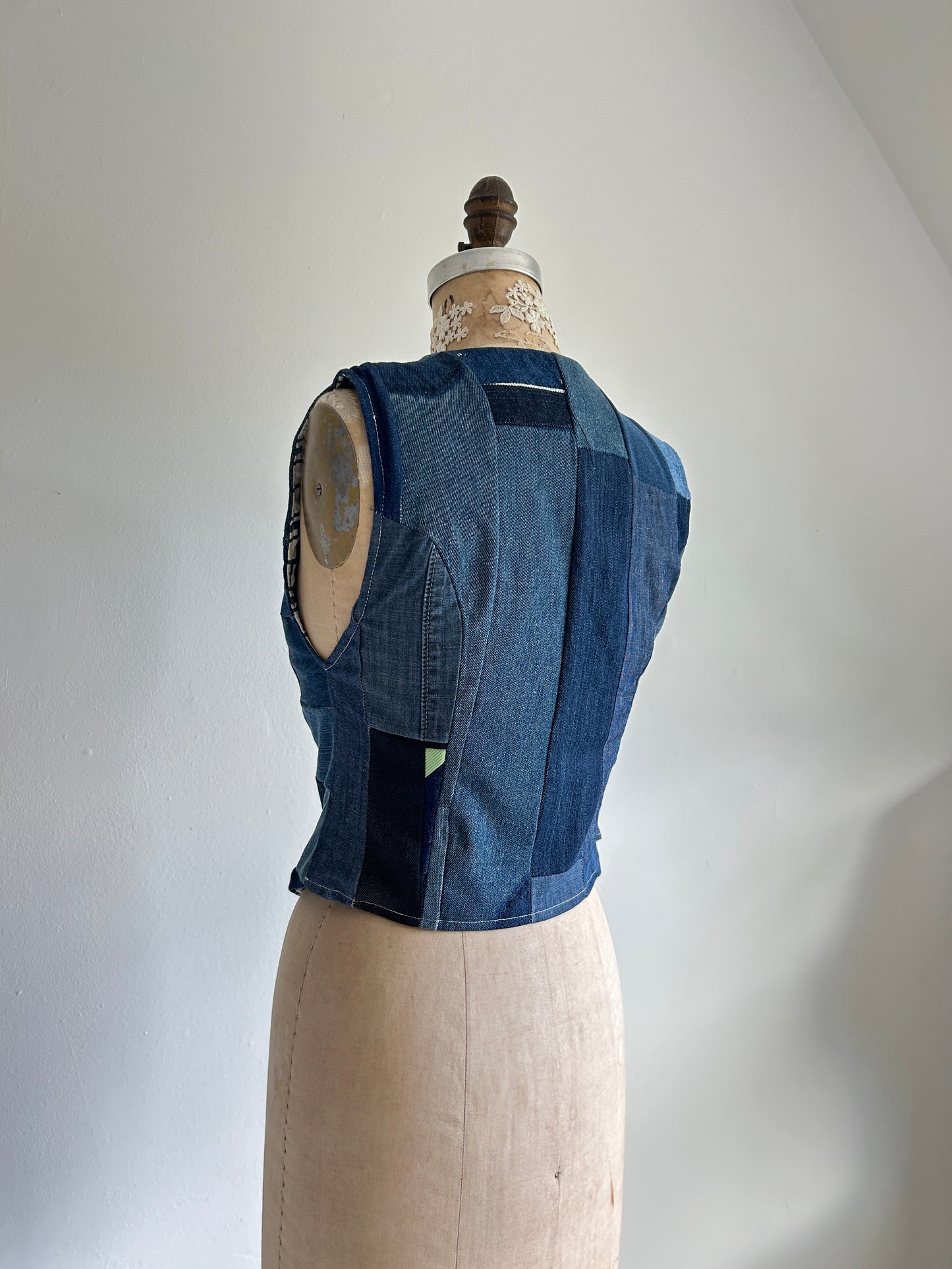 Leni Reclaimed Patchwork Denim Vest with Cotton Lining XS #LENI1