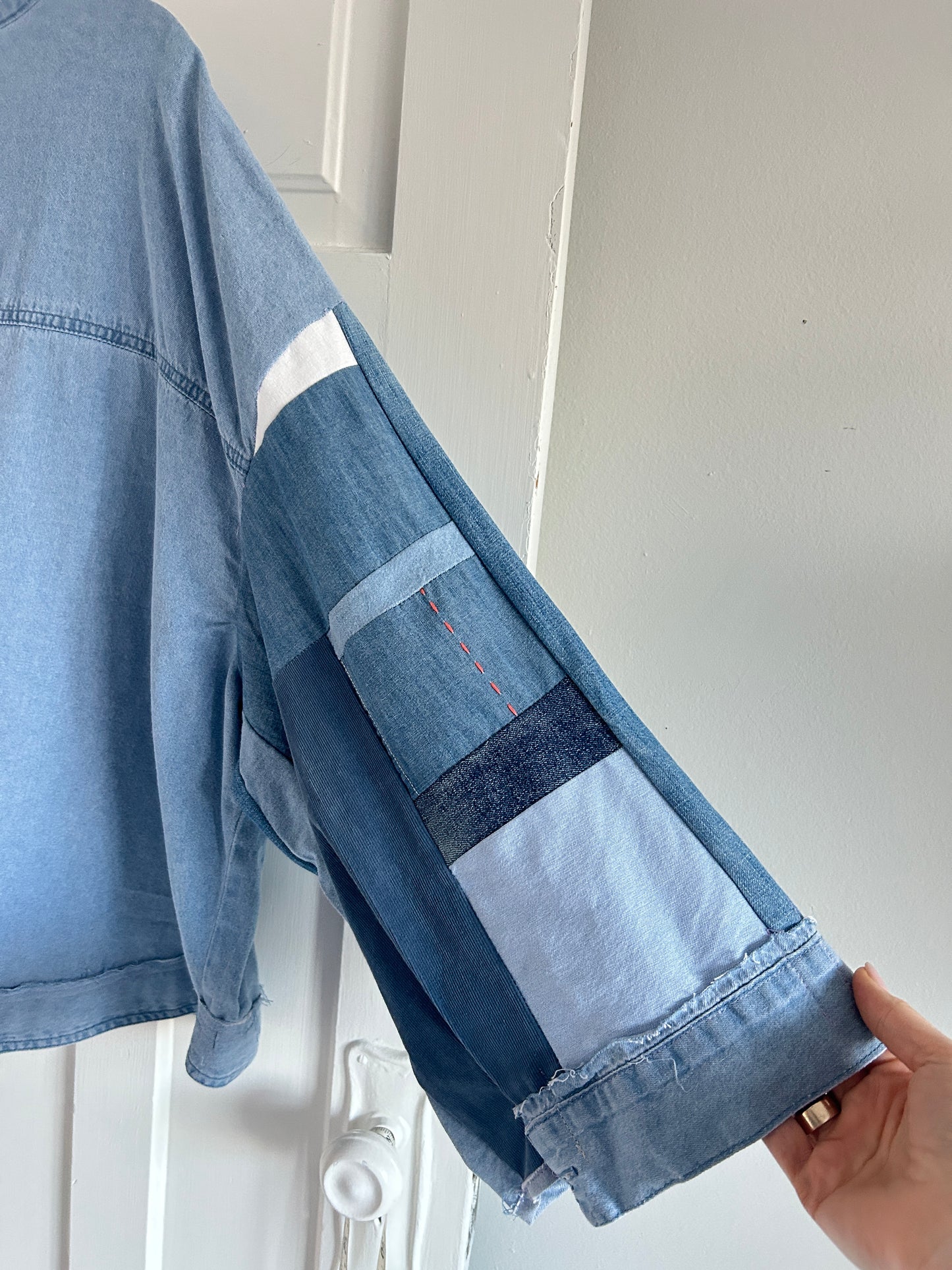 Ellis Reclaimed Patchwork Wrangler Denim Shirt with Handstitching & Hand Dyed Twill Ribbon 3X/4X #ELL11