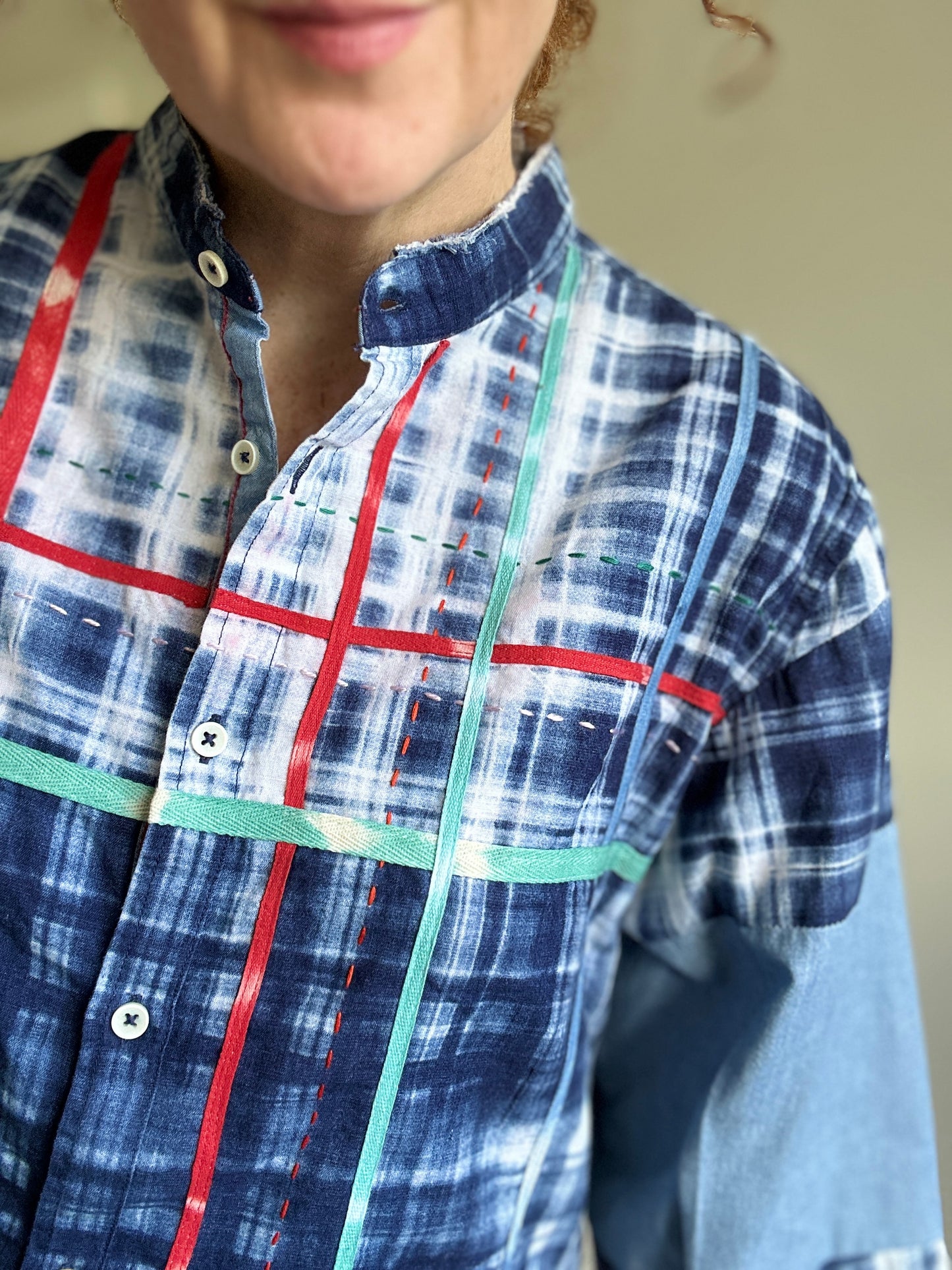 Ellis Reclaimed Patchwork Lightweight Cotton & Denim Shirt with Handstitching & Hand Dyed Twill Ribbon XL/2X #ELL5