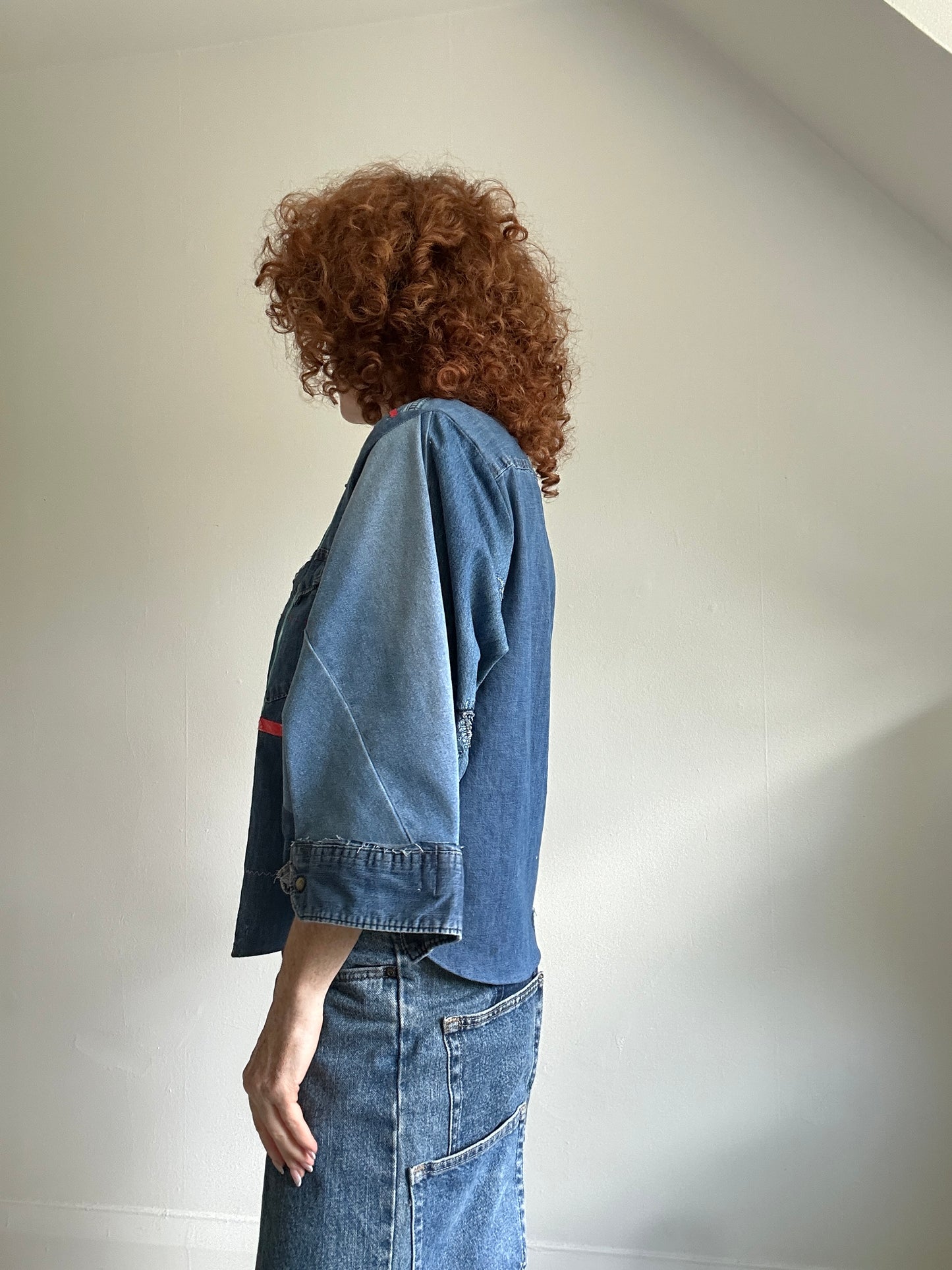 Ellis Reclaimed Patchwork Wrangler Denim Shirt with Handstitching & Hand Dyed Twill Ribbon XL/2X #ELL1
