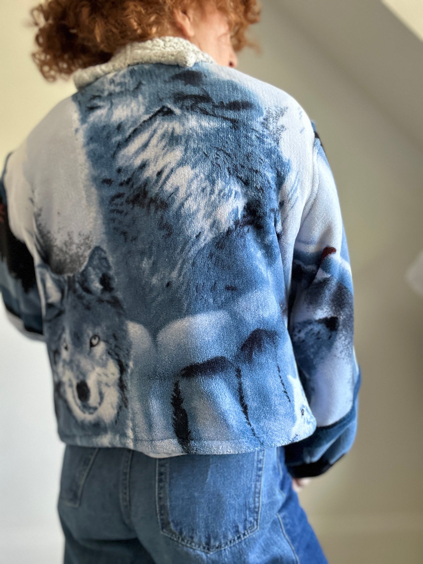 Vivianne Cropped Jacket with Upcycled Fleece Throw Blanket Wolf Size M/L #VIVFLE2