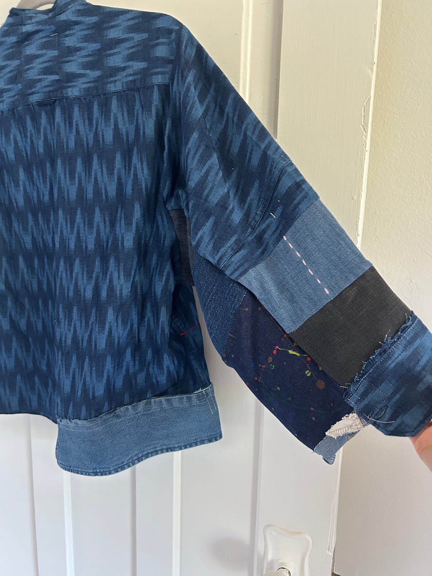 Ellis Reclaimed Patchwork Denim Ikat Shirt with Handstitching & Hand Dyed Twill Ribbon L/XL #ELL7