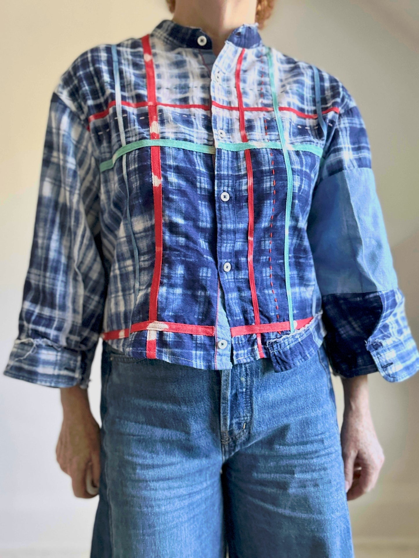 Ellis Reclaimed Patchwork Lightweight Cotton & Denim Shirt with Handstitching & Hand Dyed Twill Ribbon XL/2X #ELL5
