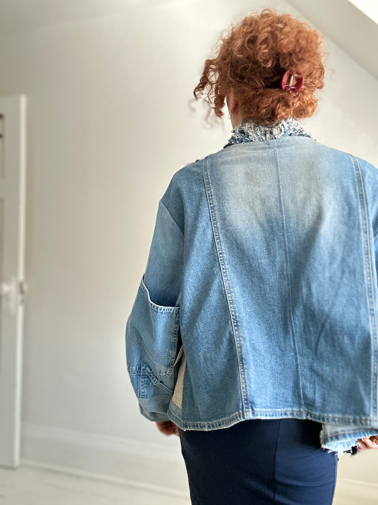 Vivianne Cropped Upcycled Woven Denim Jacket Size XL/2X #CVCDX2X101