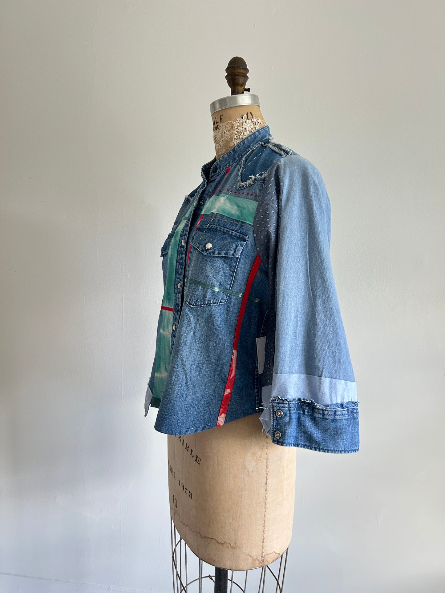 Ellis Reclaimed Patchwork Denim Shirt with Handstitching & Hand Dyed Twill Ribbon S/M #ELL3