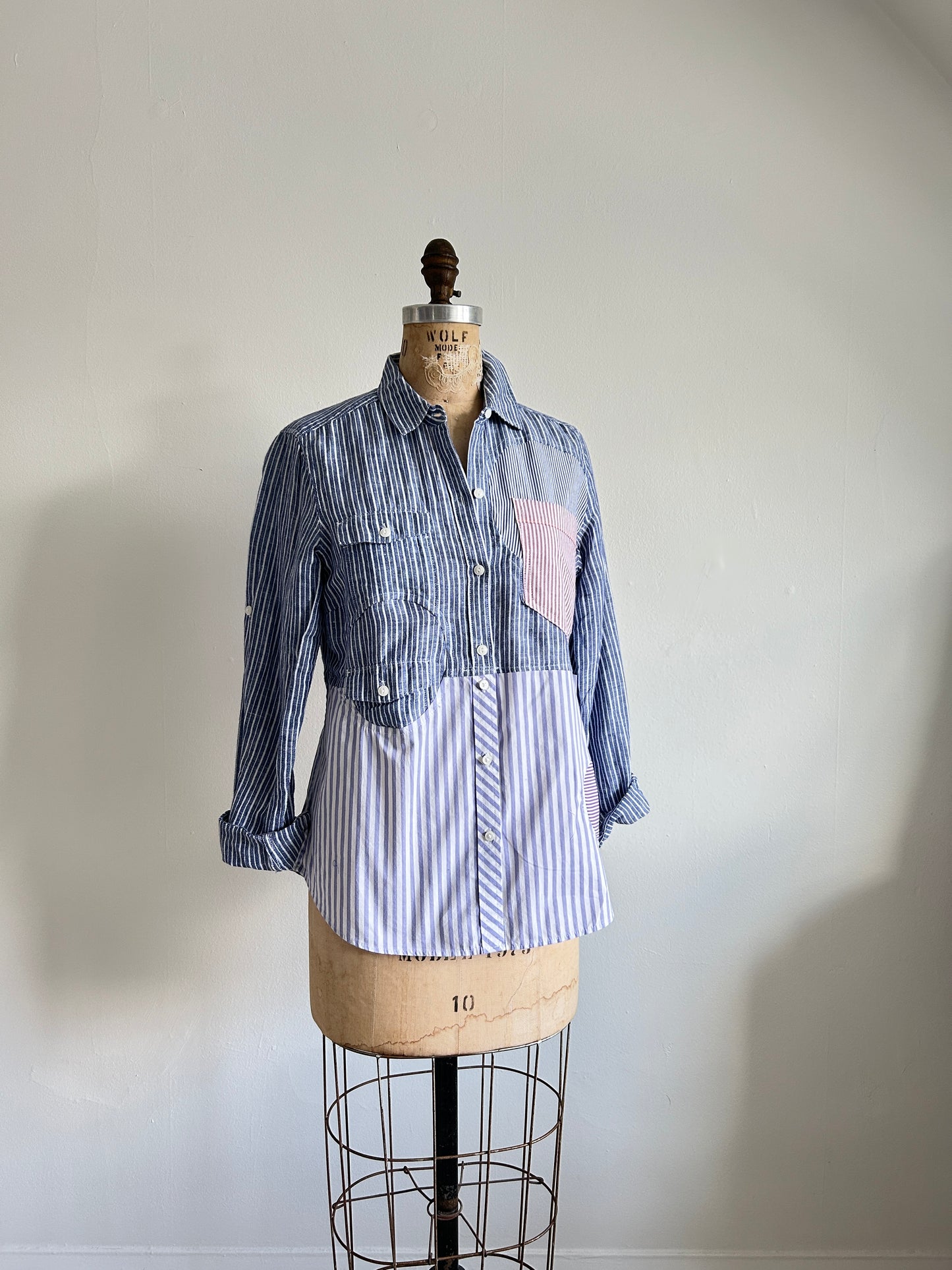 Upcycled Modern Workwear Pinstripe Shirt - Circle Series Size XS/S #PIN6