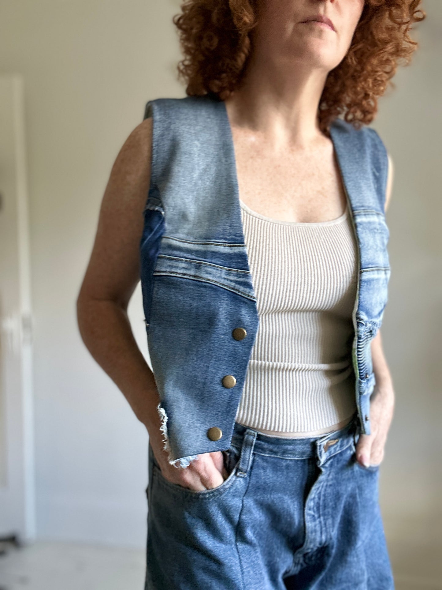 Leni Reclaimed Patchwork Denim Vest with Cotton Lining S/M #LENI4