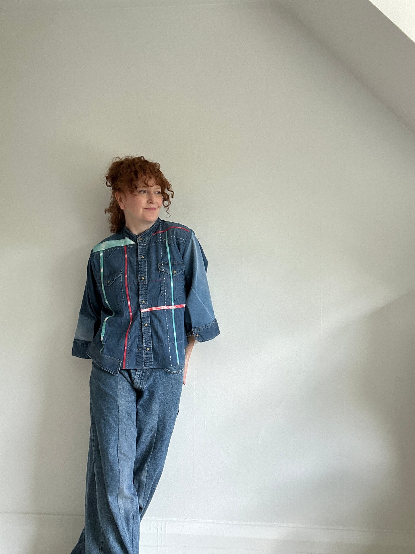 Ellis Reclaimed Patchwork Wrangler Denim Shirt with Handstitching & Hand Dyed Twill Ribbon XL/2X #ELL1