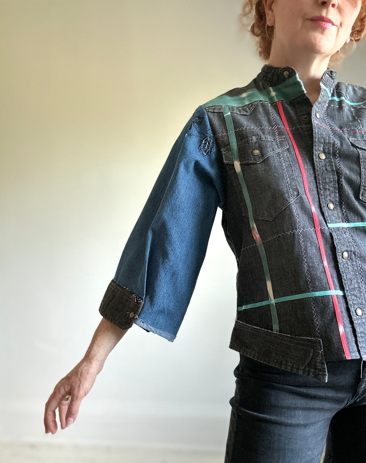 Ellis Reclaimed Patchwork Wrangler Denim Shirt with Handstitching & Hand Dyed Twill Ribbon M/L #ELL9