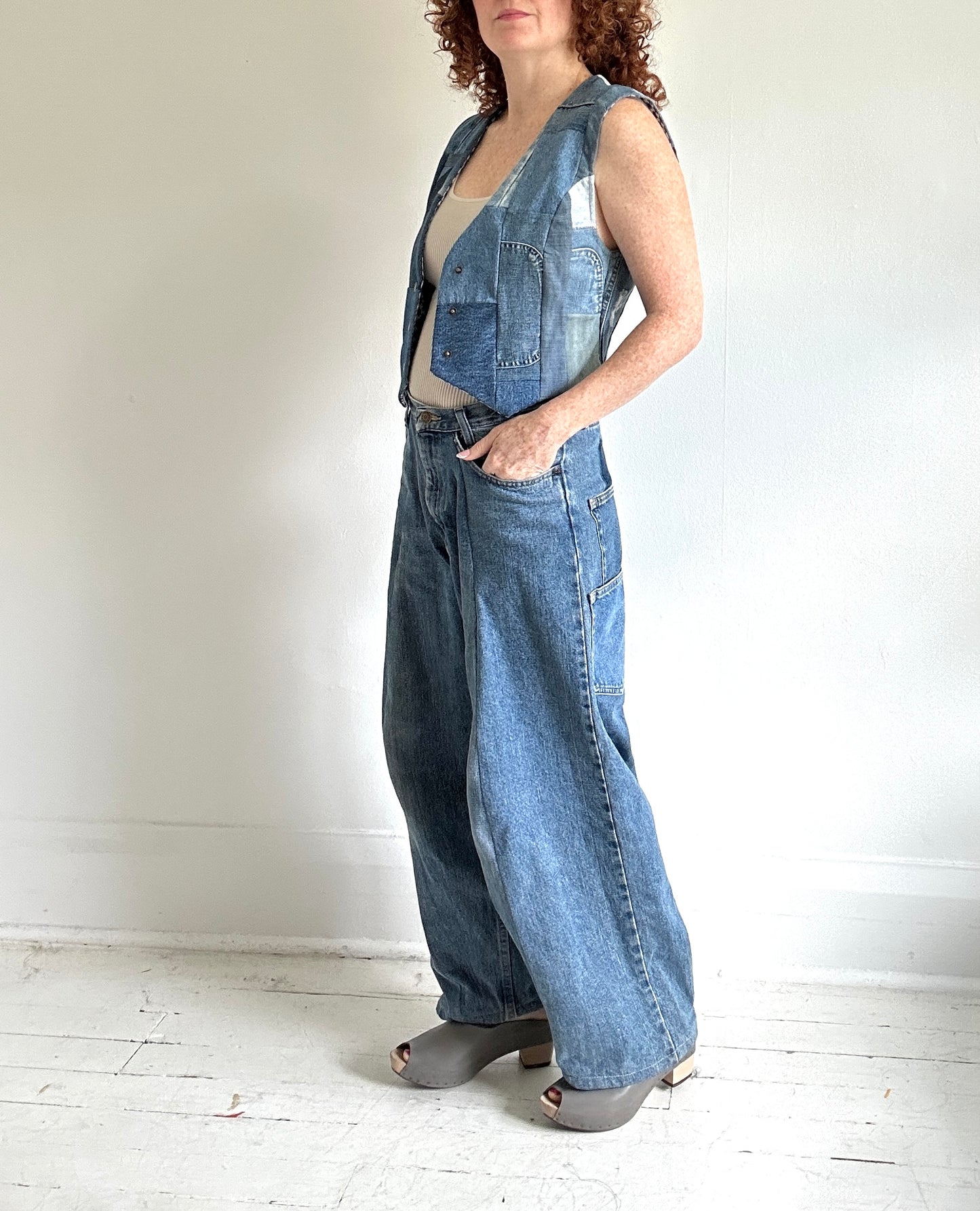Leni Reclaimed Patchwork Denim Vest with Cotton Lining S/M #LENI3