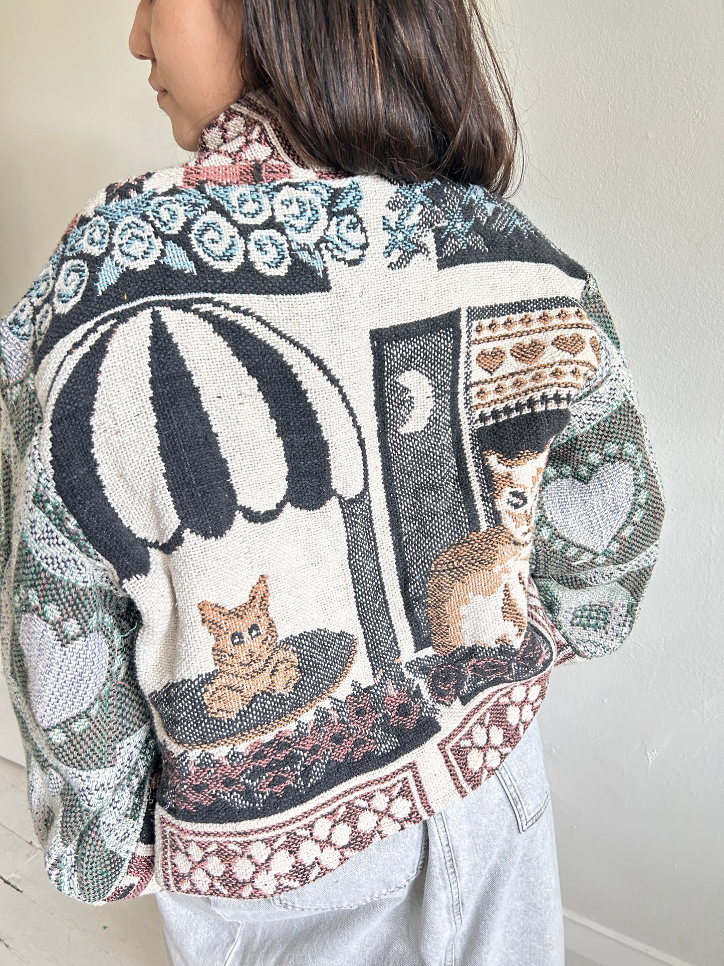 Vivianne Cropped Jacket with Upcycled Cat Themed Throw Blanket Size S/M #VIVT2