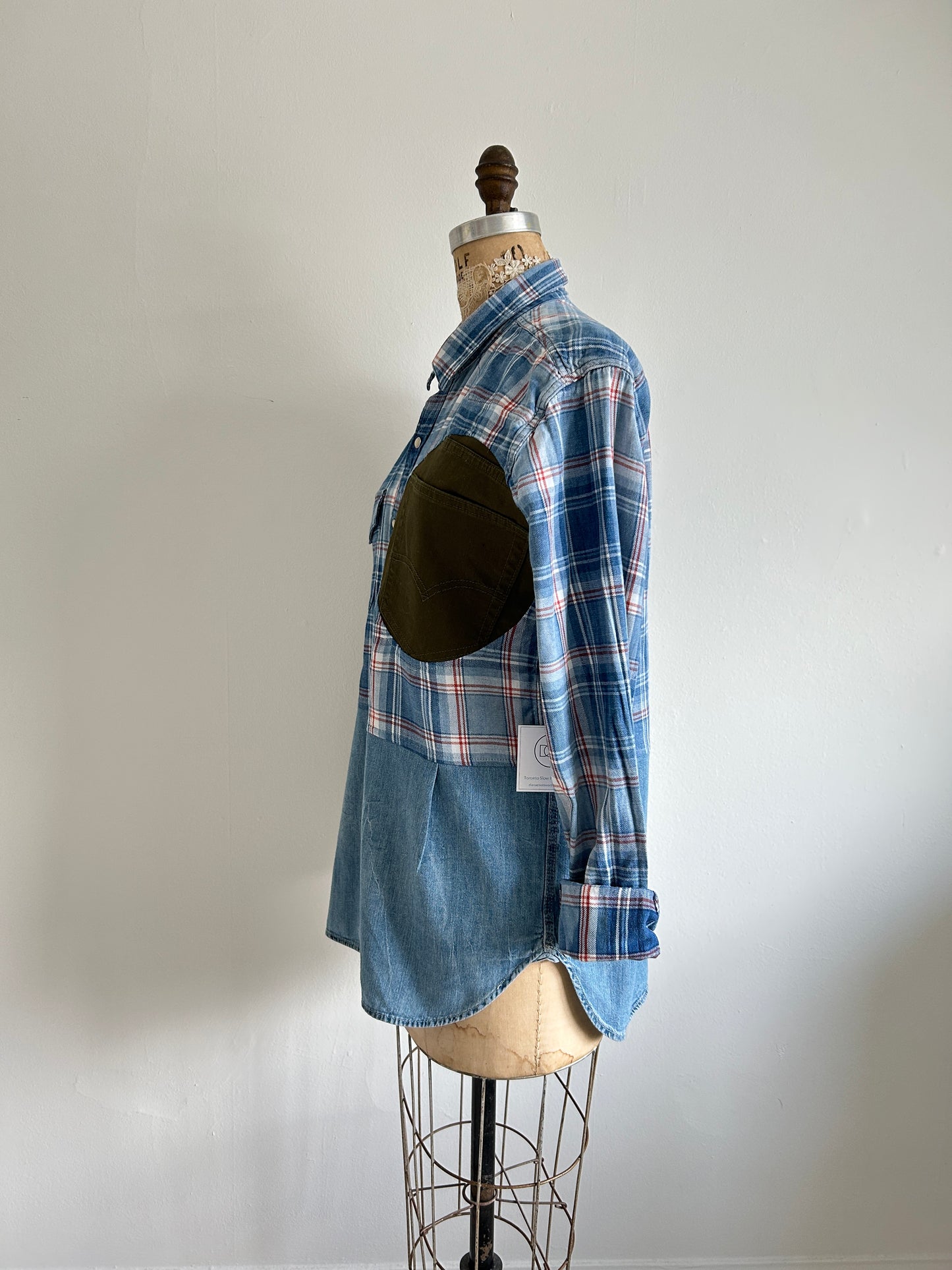 Upcycled Modern Workwear Cotton & Denim Shirt - Circle Series Size M/L #DEN12