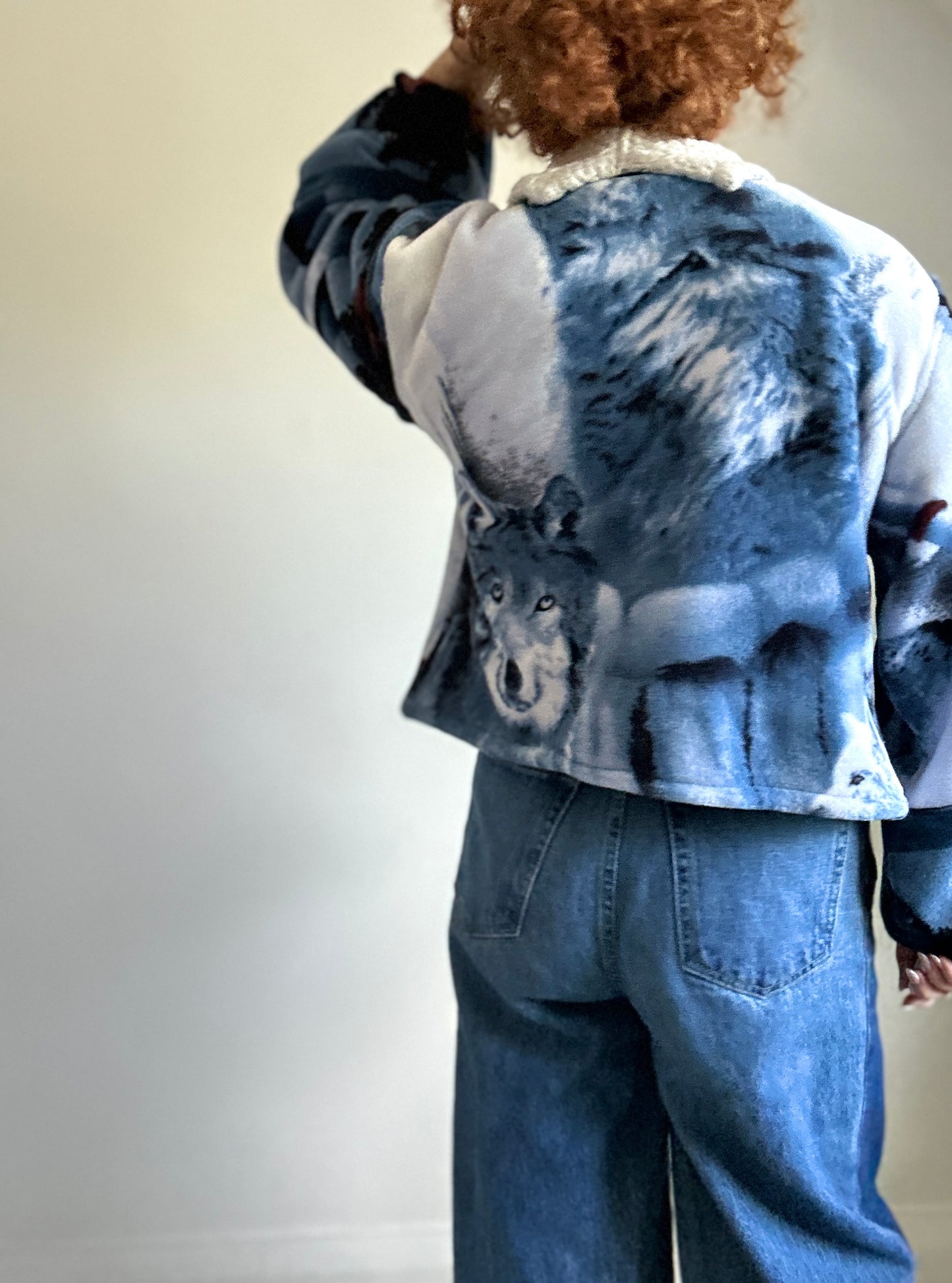 Vivianne Cropped Jacket with Upcycled Fleece Throw Blanket Wolf Size M/L #VIVFLE2