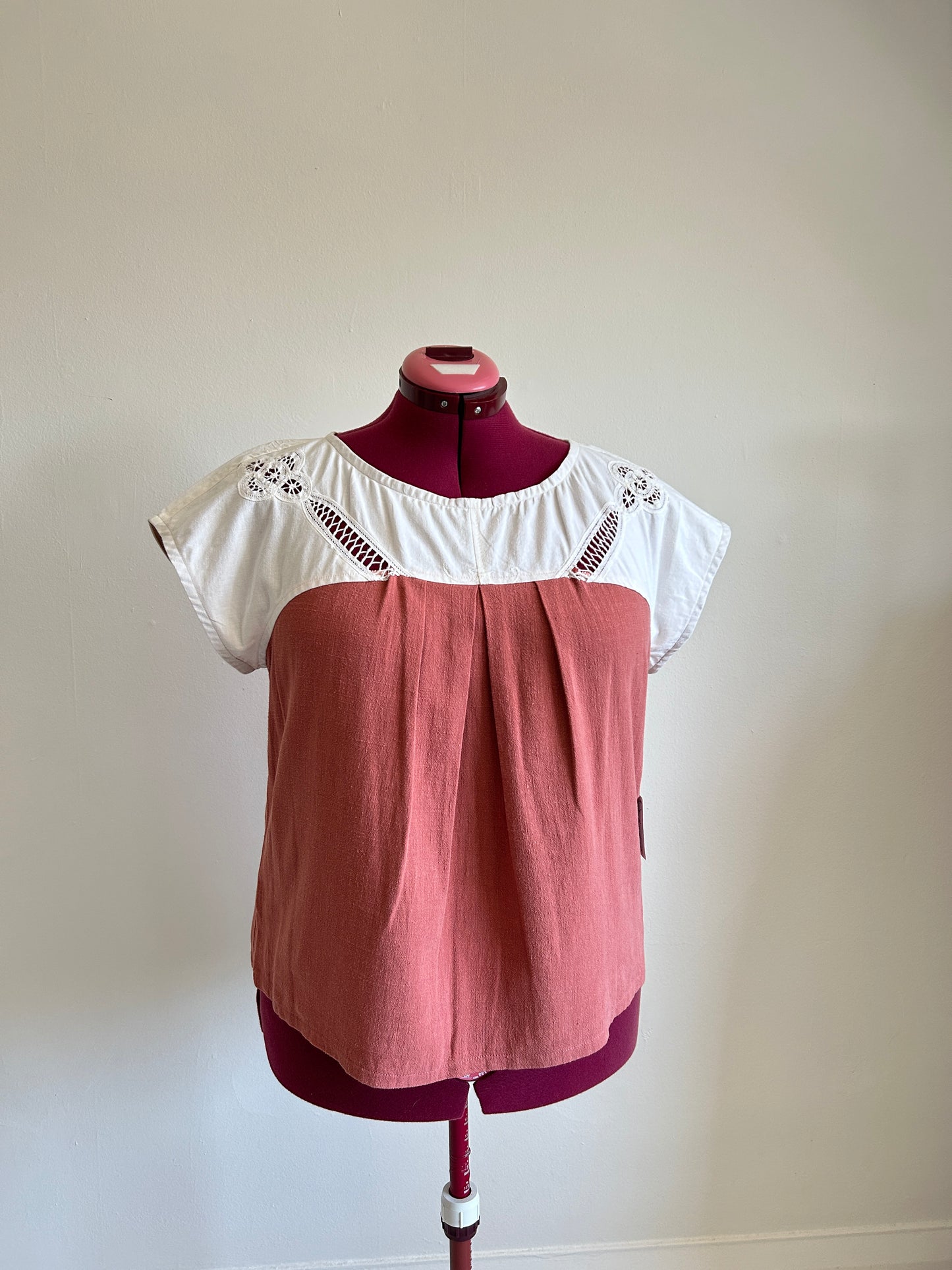 Peony Top - One of a Kind Upcycled Vintage Battenberg Lace, Cotton & Linen Size XL #PEO9
