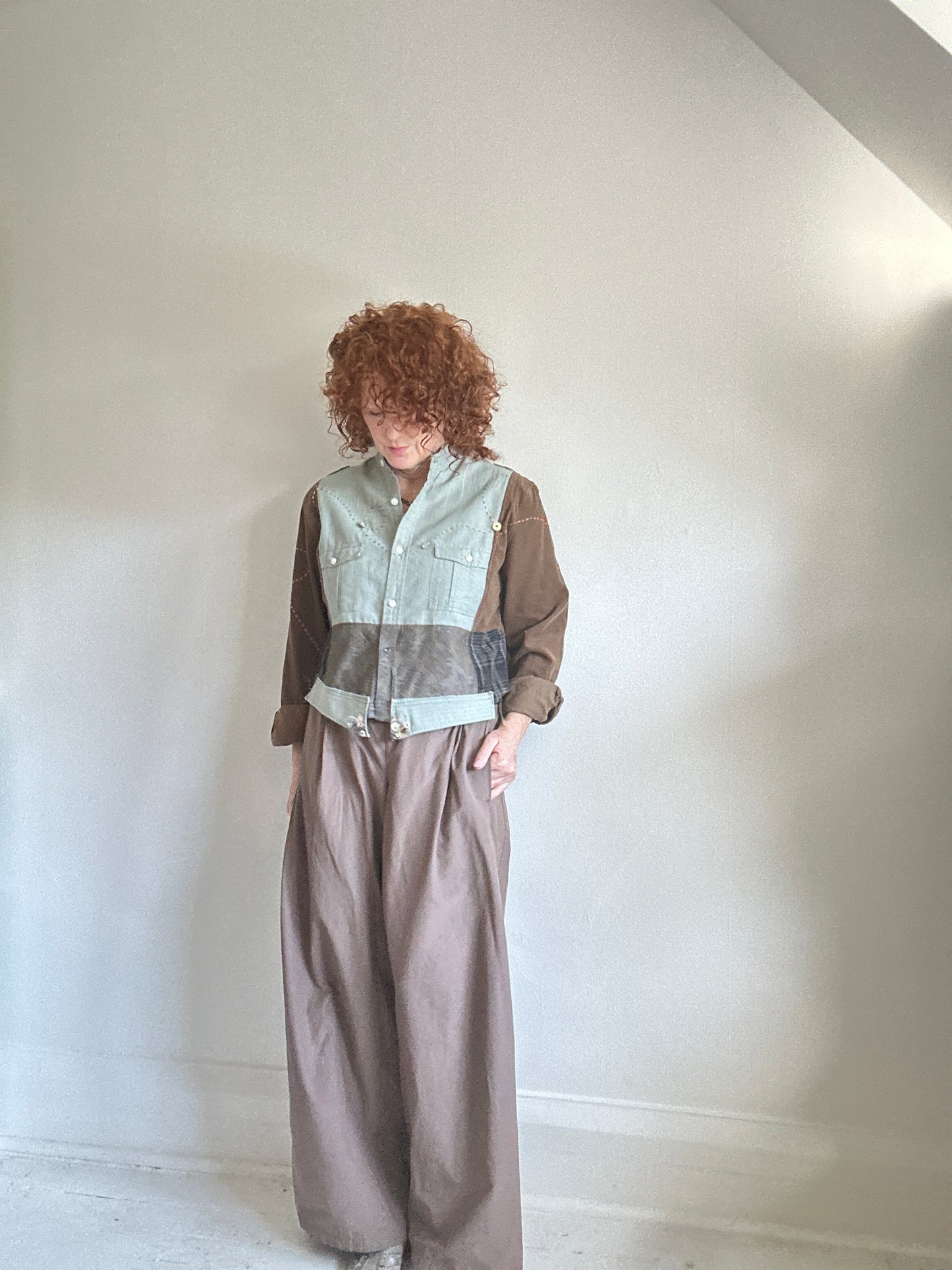 Reworked “Tuxedo Workwear” Buttondown Shirt with Handstitching S/M #TBSM3