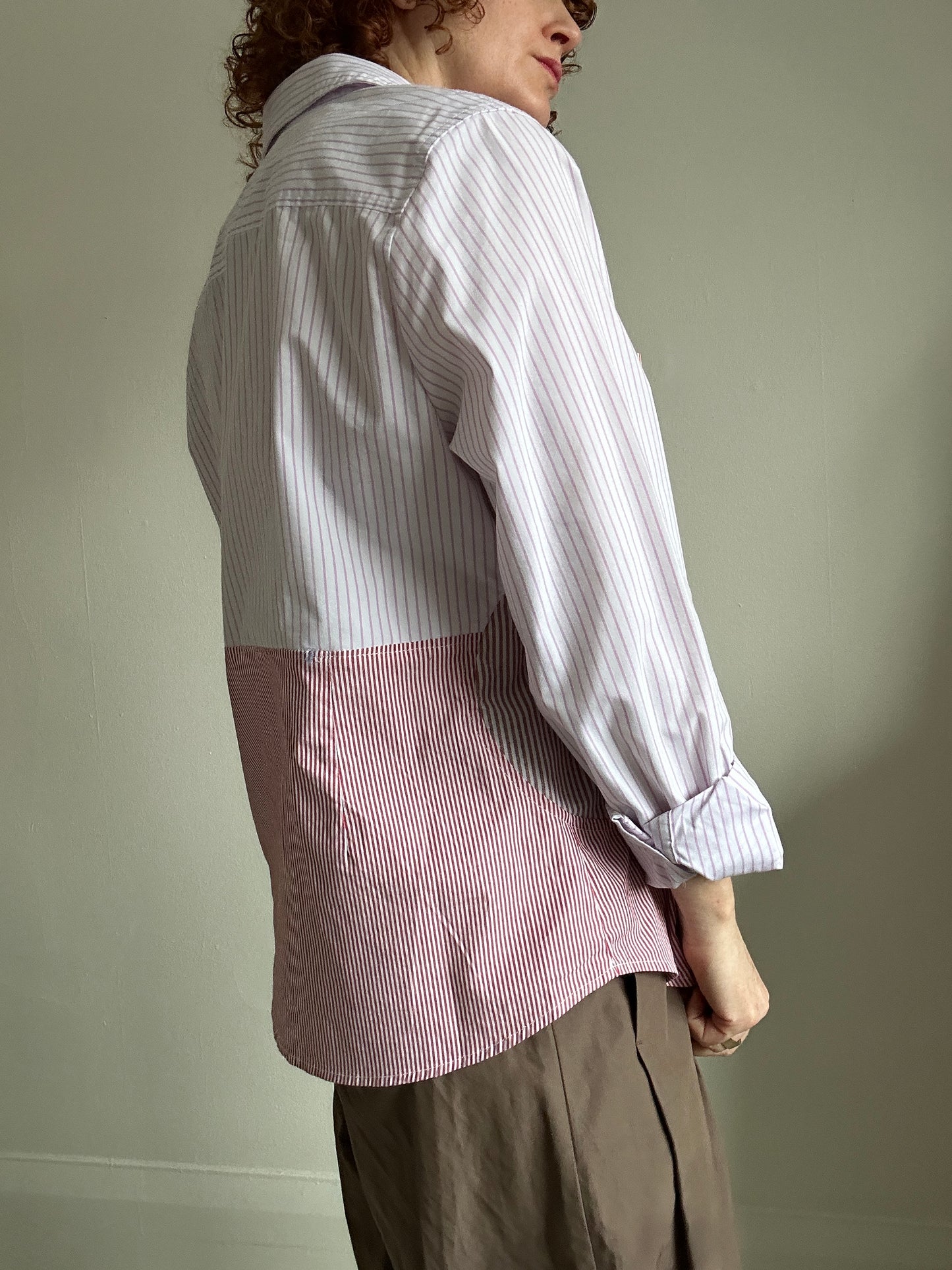 Upcycled Modern Workwear Pinstripe Shirt - Circle Series Size L/XL #PIN13