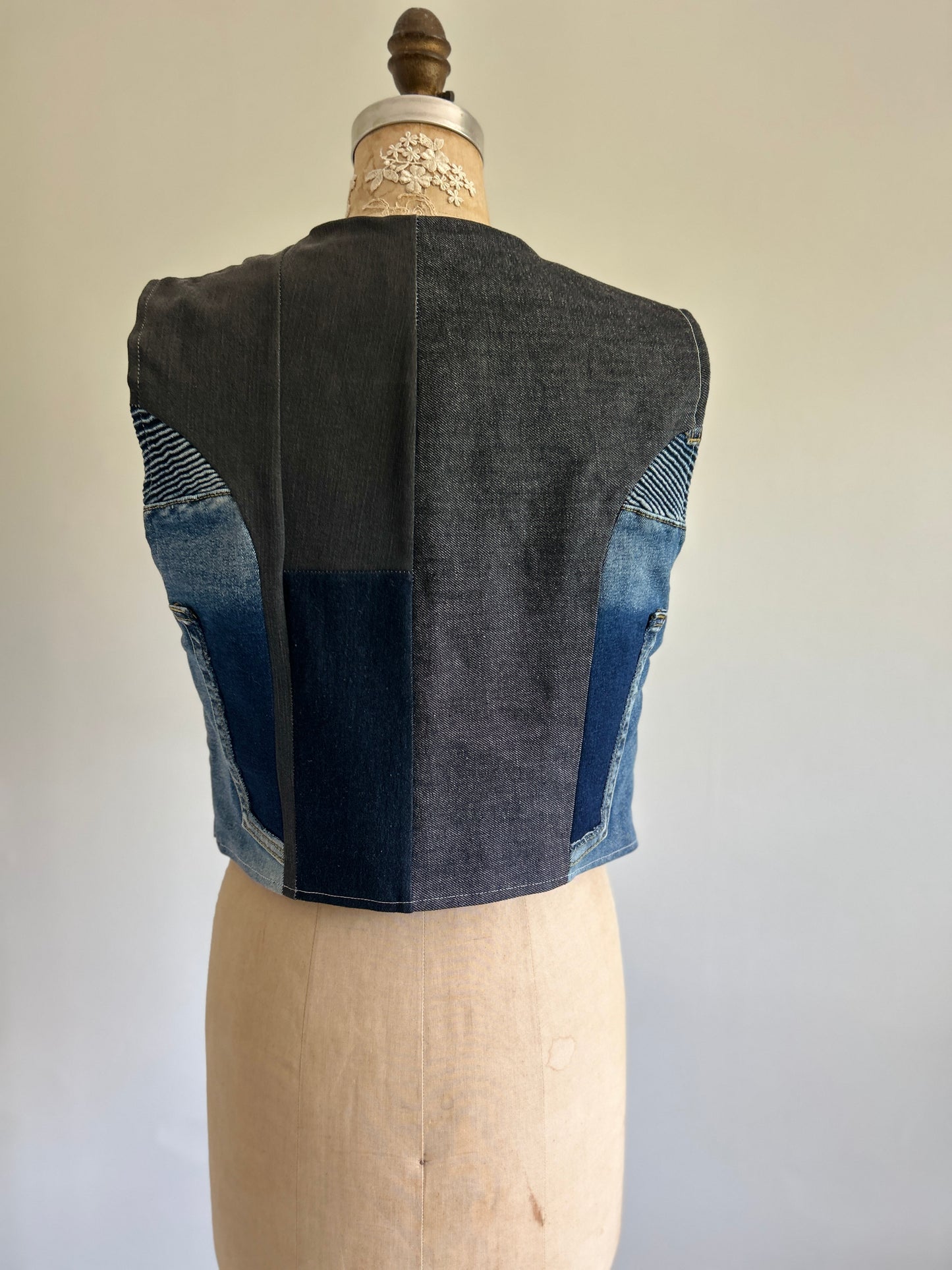 Leni Reclaimed Patchwork Denim Vest with Cotton Lining S/M #LENI5