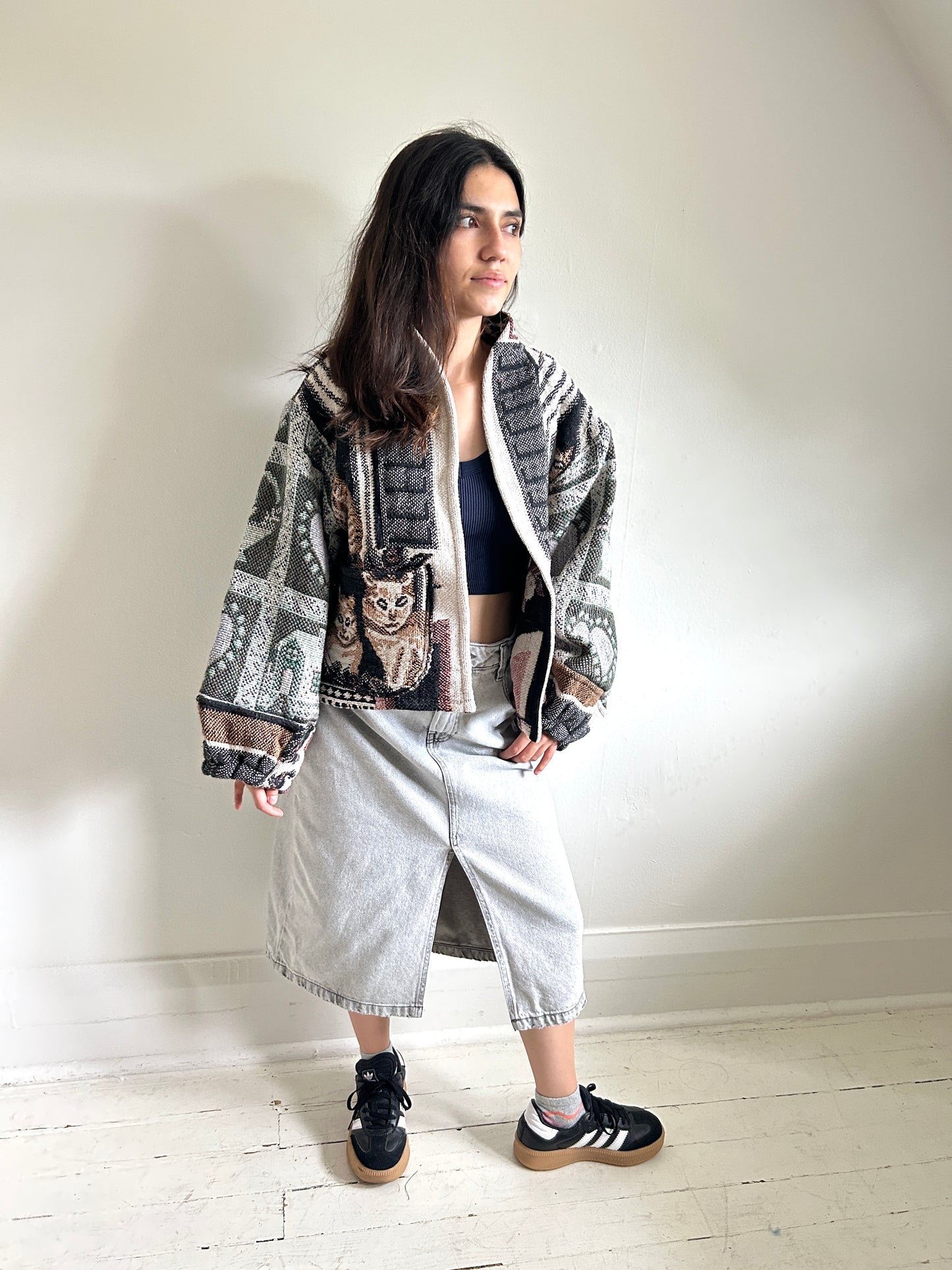 Vivianne Cropped Jacket with Upcycled Cat Themed Throw Blanket Size S/M #VIVT2