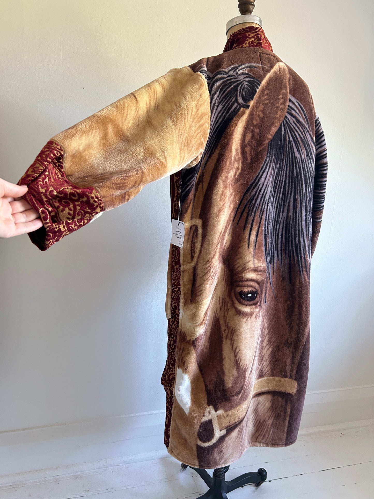 Vivianne Duster with Upcycled Fleece & Velvet Brocade Throw Blanket Horse Theme Size M/L #CVDFML5