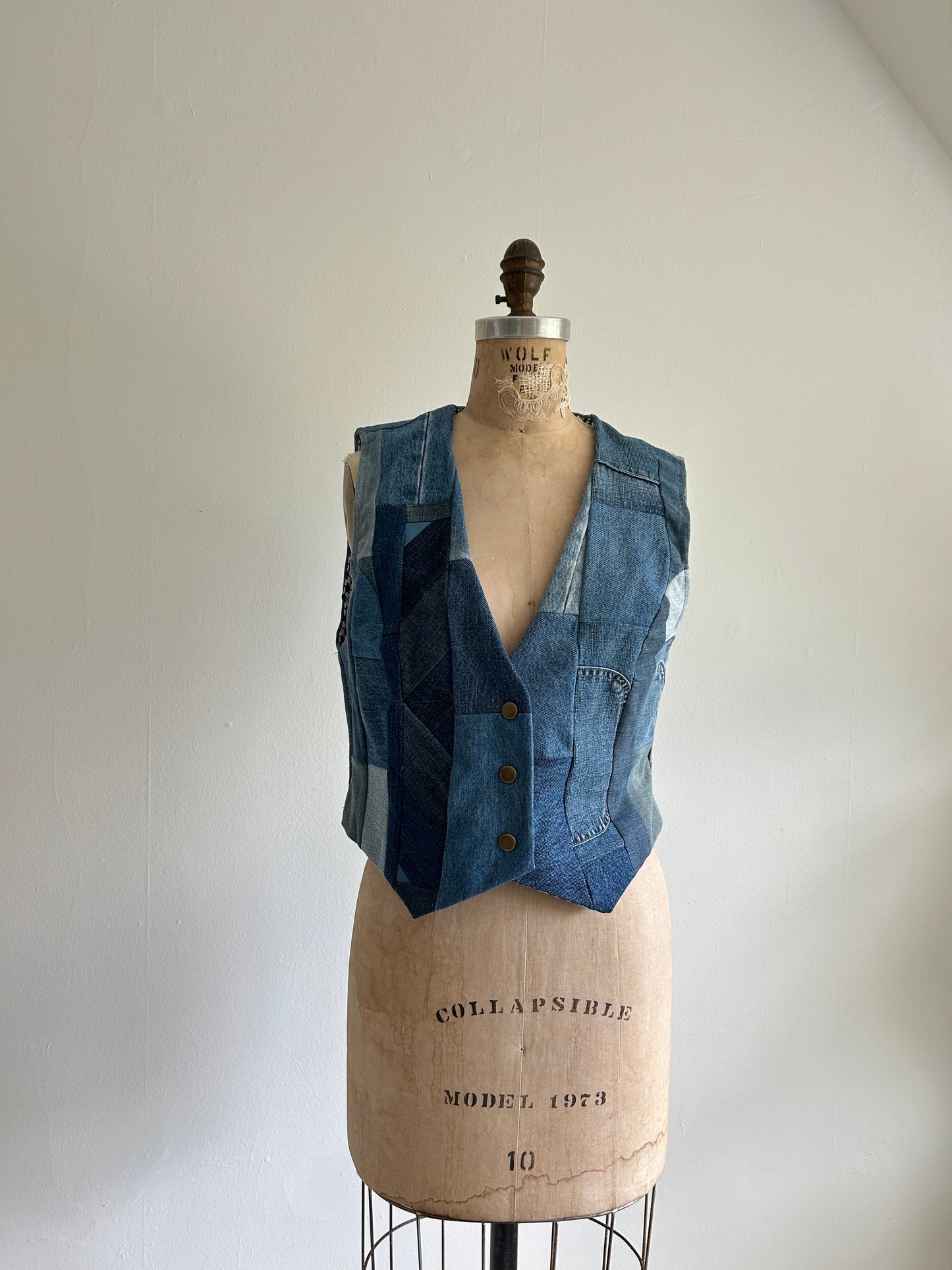 Leni Reclaimed Patchwork Denim Vest with Cotton Lining S/M #LENI3