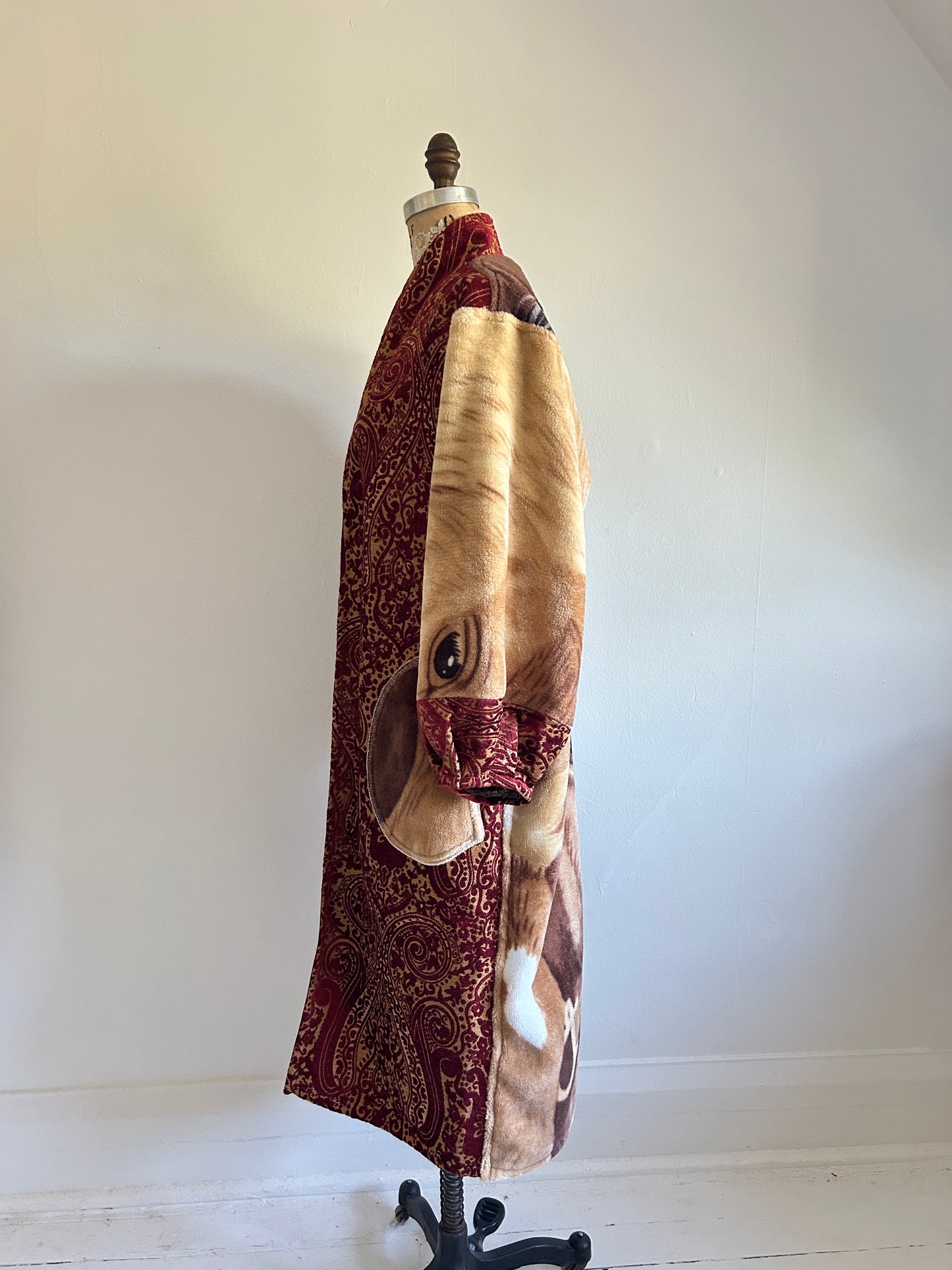 Vivianne Duster with Upcycled Fleece & Velvet Brocade Throw Blanket Horse Theme Size M/L #CVDFML5