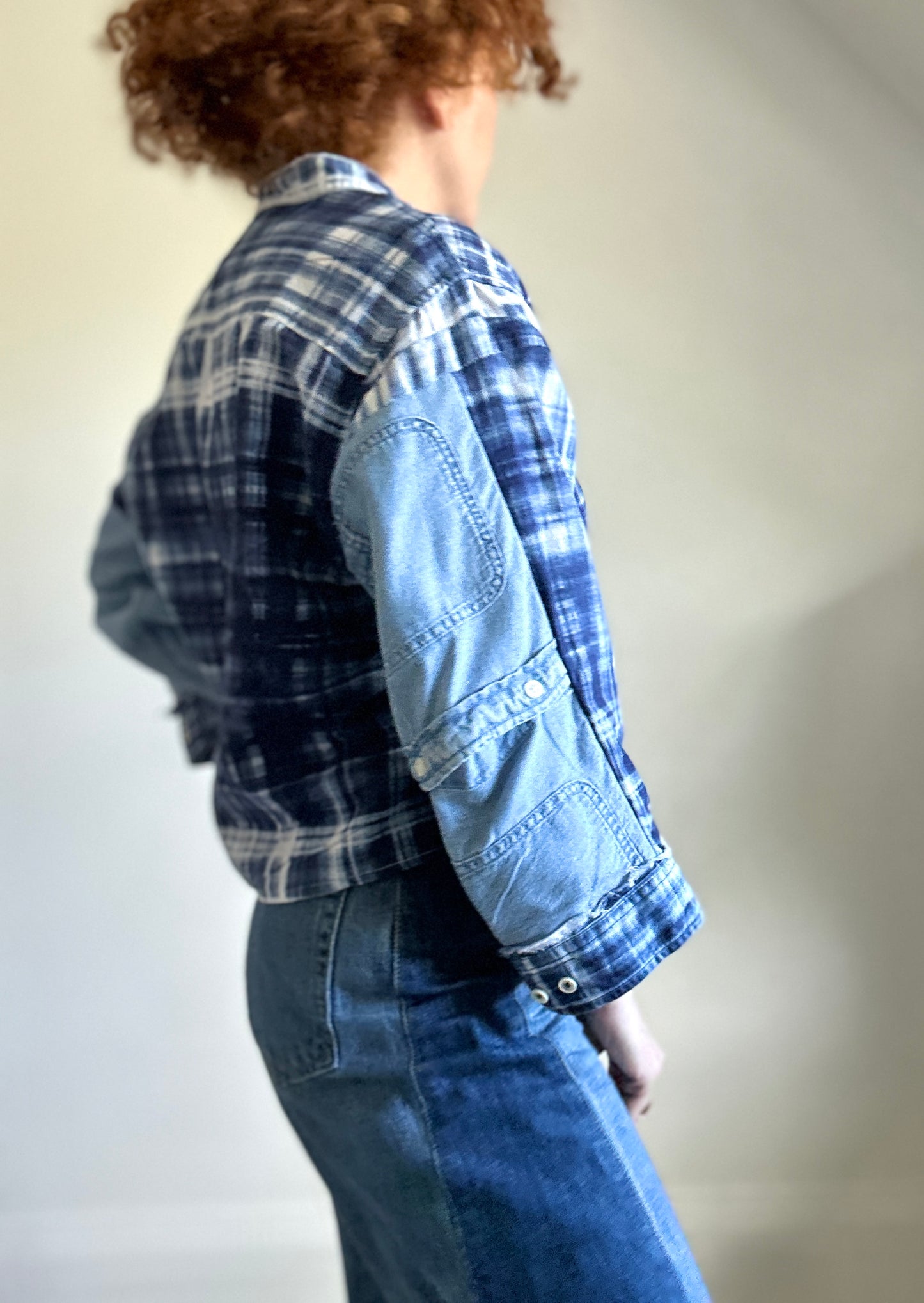 Ellis Reclaimed Patchwork Lightweight Cotton & Denim Shirt with Handstitching & Hand Dyed Twill Ribbon XL/2X #ELL5
