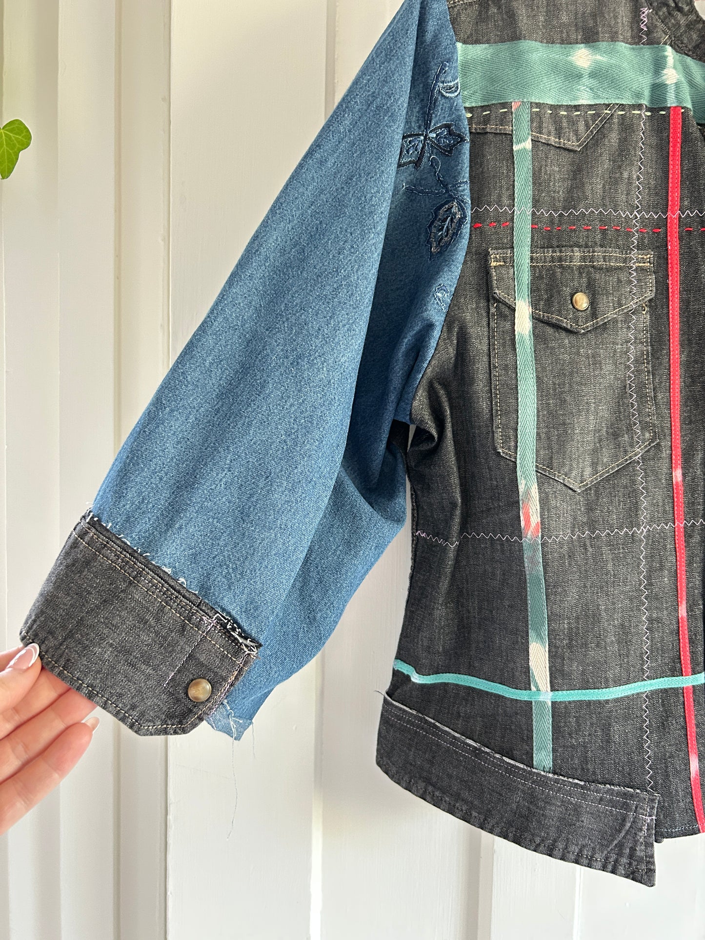 Ellis Reclaimed Patchwork Wrangler Denim Shirt with Handstitching & Hand Dyed Twill Ribbon M/L #ELL9